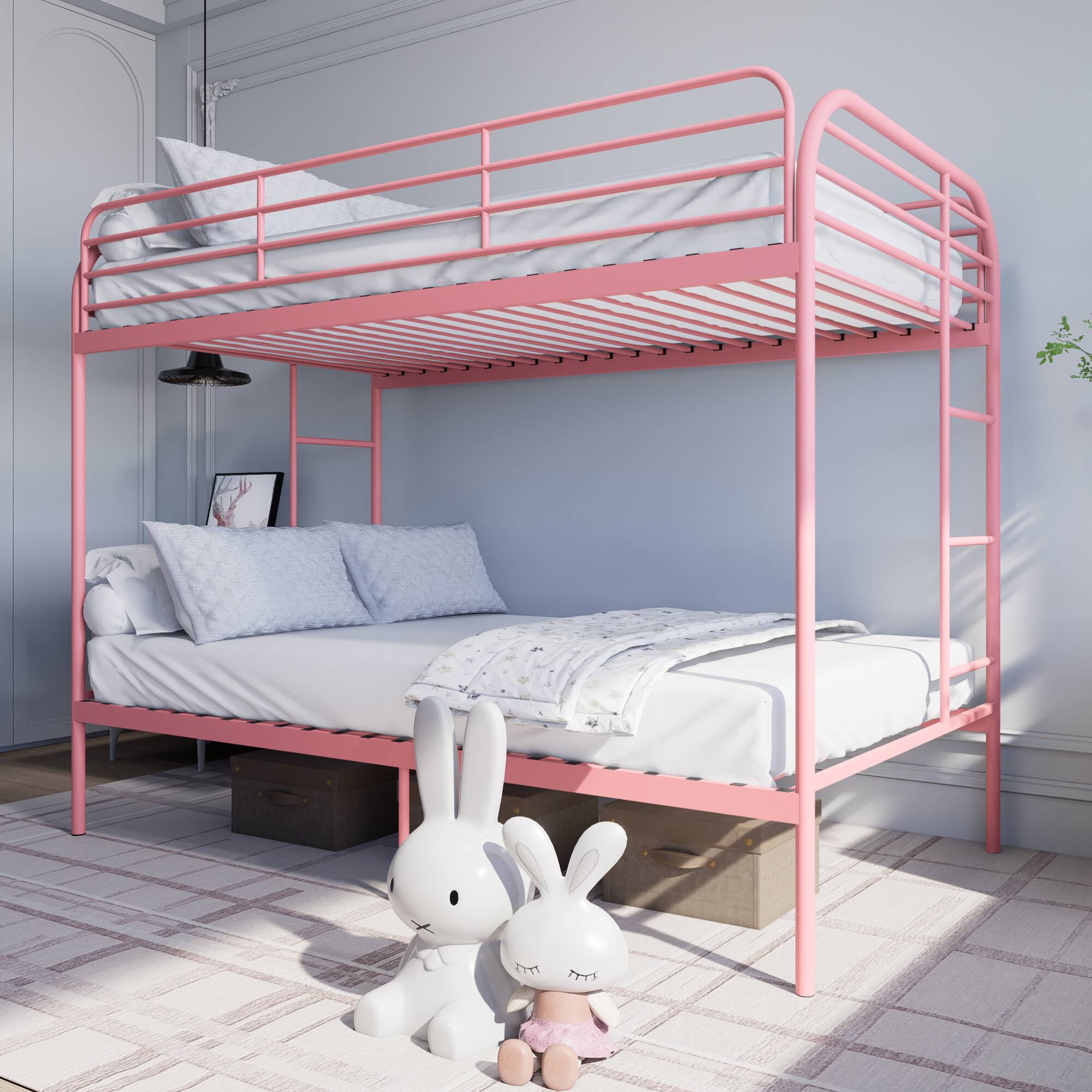 Alt View 1. GOODSILO - Metal Twin Over Twin Bunk Bed with Dual Ladders and Full-Length Safety Rails, Space-Saving Design for Kids and Teens - Pink.