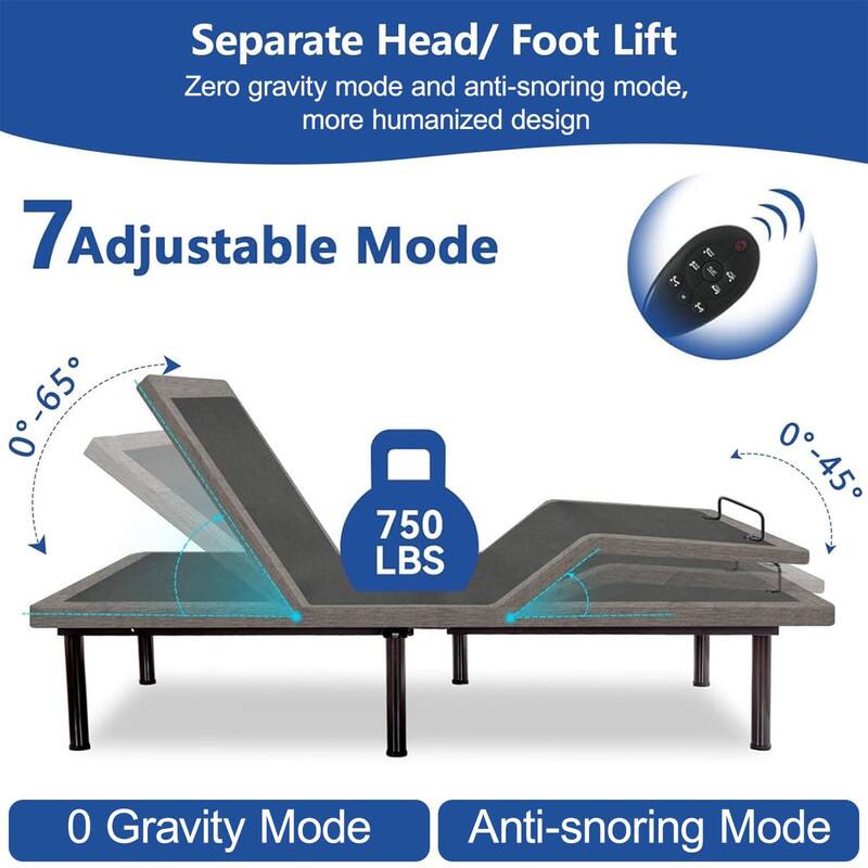 Separate Head/ Foot Lift Zero gravity mode and anti-snoring mode, more humanized design 7 Adjustable Mode 0-65 750 LBS 0 Gravity Mode Anti-snoring Mode 0-45