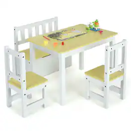 Pefilos - 4 Pieces Kids Wooden Activity Table and Chairs Set with Storage Bench and Study Desk-Natural, Toddler Table - Brown