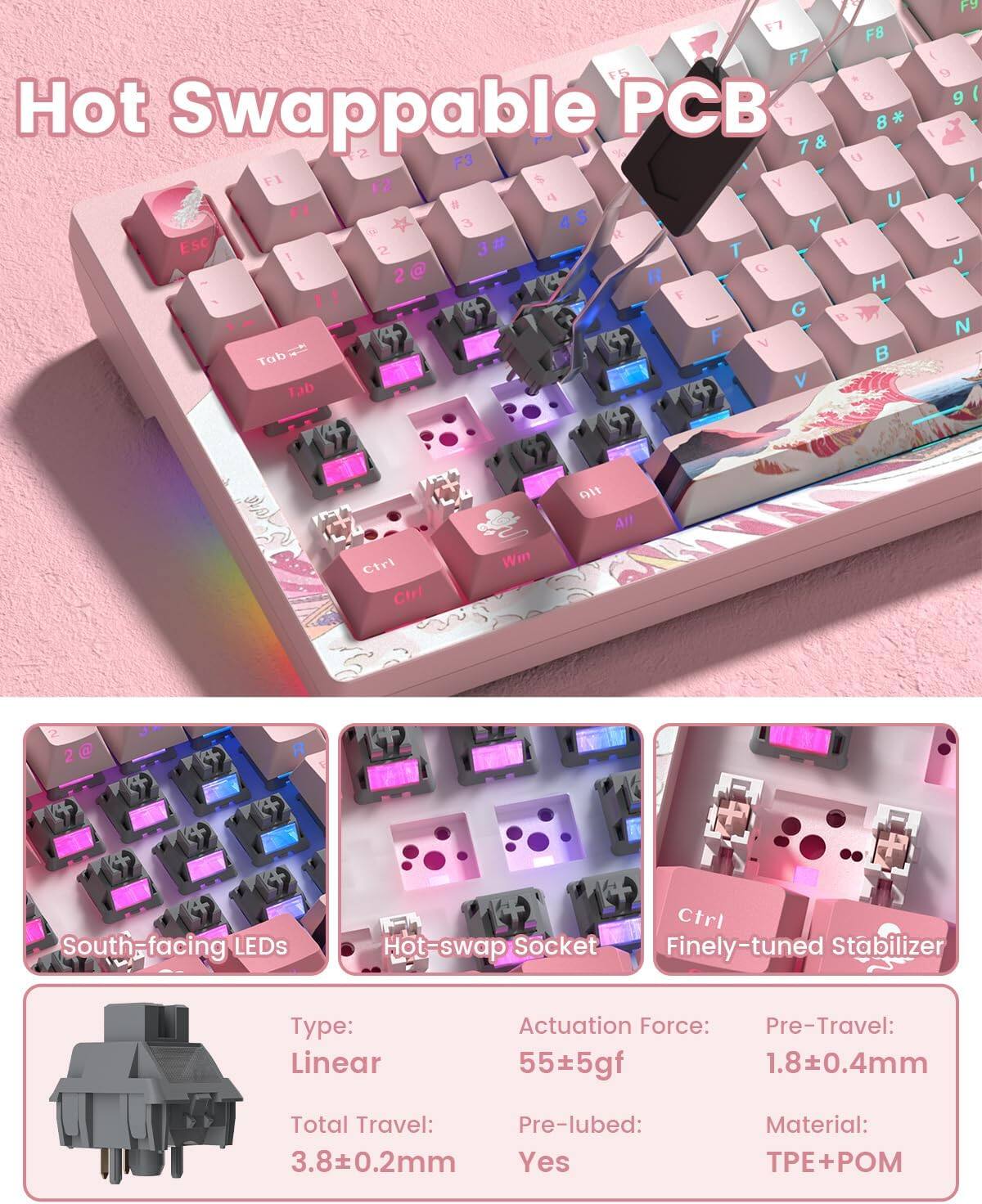 F7 F8 F7 FS a B Hot Swappable C 1 8 * 7 & F2 % U F3 F1 12 $ Y 4 U F1   3 4 IS Y d R Esc 3 # H ! 2 T 1 2 2@ G R H F - G B F V Tob  Tab V F9 9 9 ( I  J N N Ctrl Ctrl Win o1 All South-facing LEDs Ctrl Hot-swap Socket Finely-tuned Stabilizer Type: Linear Actuation Force: 55±5gf Pre-Travel: 1.8±0.4mm Total Travel: 3.8±0.2mm Pre-lubed: Yes Material: TPE + POM