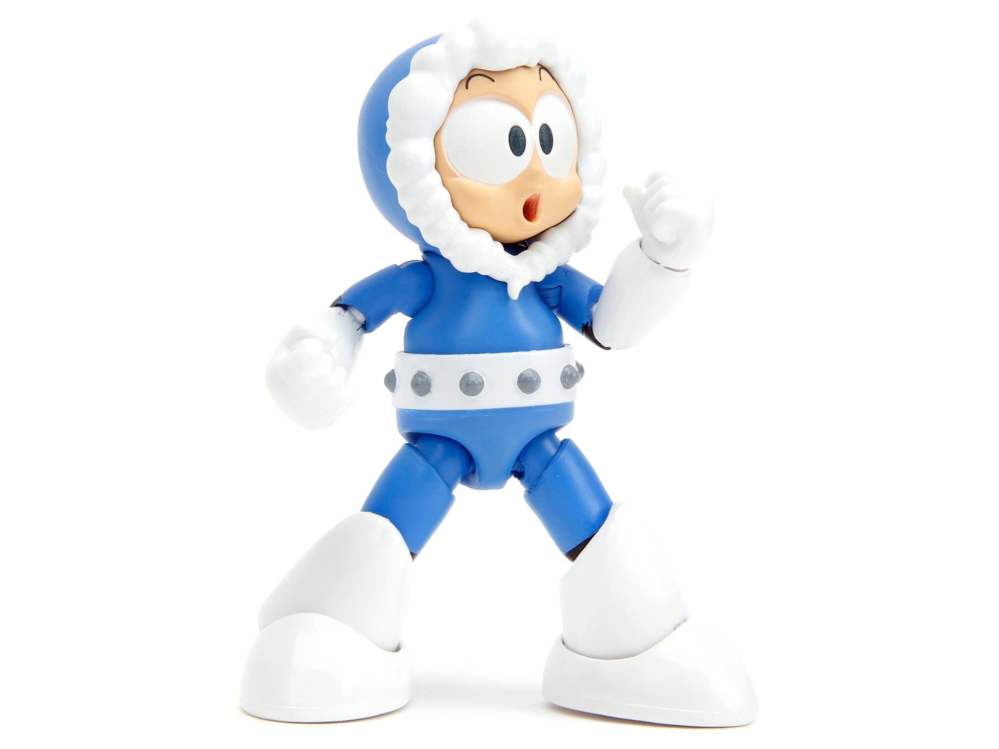 Angle. Jada - Ice Man 4" Moveable Figure with Accessories and Alternate Head and Hands "Mega Man" (1987) Video Game model by Jada - Blue with White.
