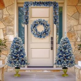 Resenkos - 4-Piece Pre-Lit Christmas Set with LED Garland, Wreath, and Two Decorative Entryway Trees - Blue