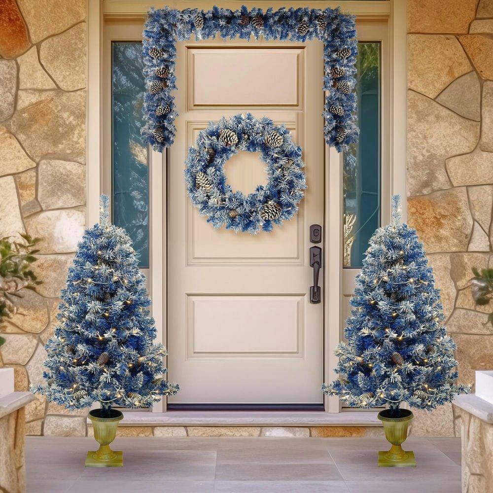 Front. Resenkos - 4-Piece Pre-Lit Christmas Set with LED Garland, Wreath, and Two Decorative Entryway Trees, Blue - Blue.