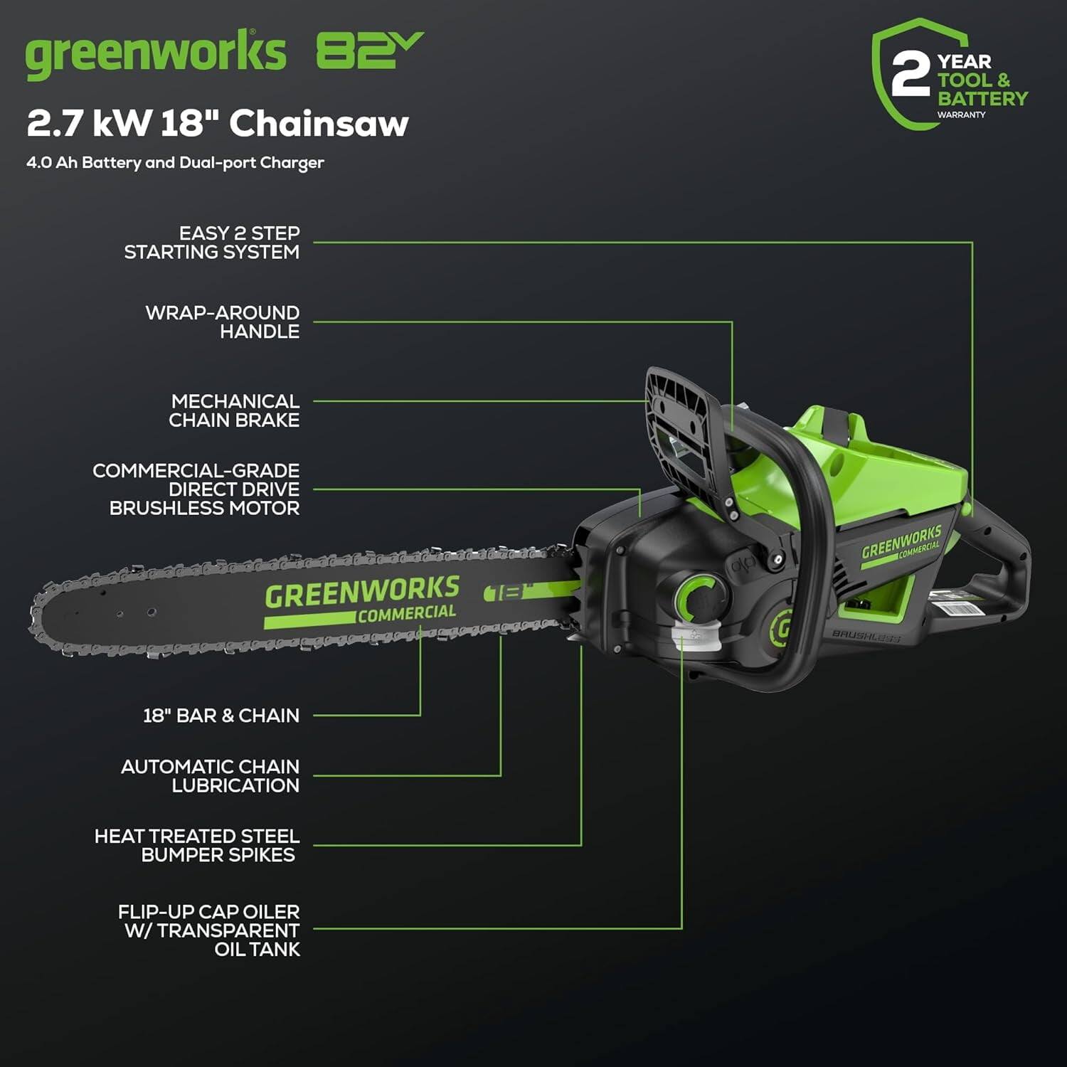 greenworks 82V  
2.7 kW 18" Chainsaw  
4.0 Ah Battery and Dual-port Charger  

- EASY 2 STEP STARTING SYSTEM  
- WRAP-AROUND HANDLE  
- MECHANICAL CHAIN BRAKE  
- COMMERCIAL-GRADE DIRECT DRIVE BRUSHLESS MOTOR  
- 18" BAR & CHAIN  
- AUTOMATIC CHAIN LUBRICATION  
- HEAT TREATED STEEL BUMPER SPIKES  
- FLIP-UP CAP OILER W/ TRANSPARENT OIL TANK  

2 YEAR TOOL & BATTERY WARRANTY