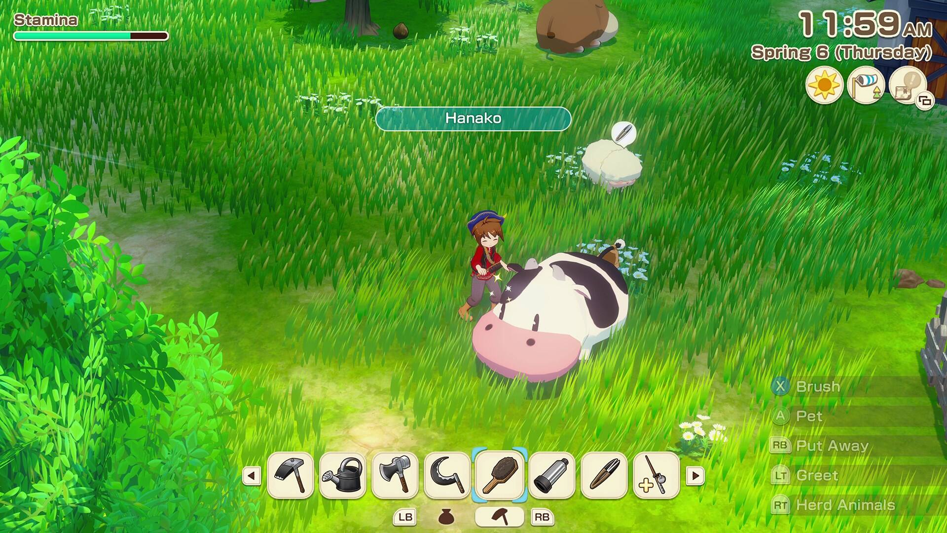 Stamina 1  
11:59 AM  
Spring 6 (Thursday)  
Hanako  
X Brush  
A Pet  
LB  
RB + RB Put Away  
LT Greet  
RT Herd Animals