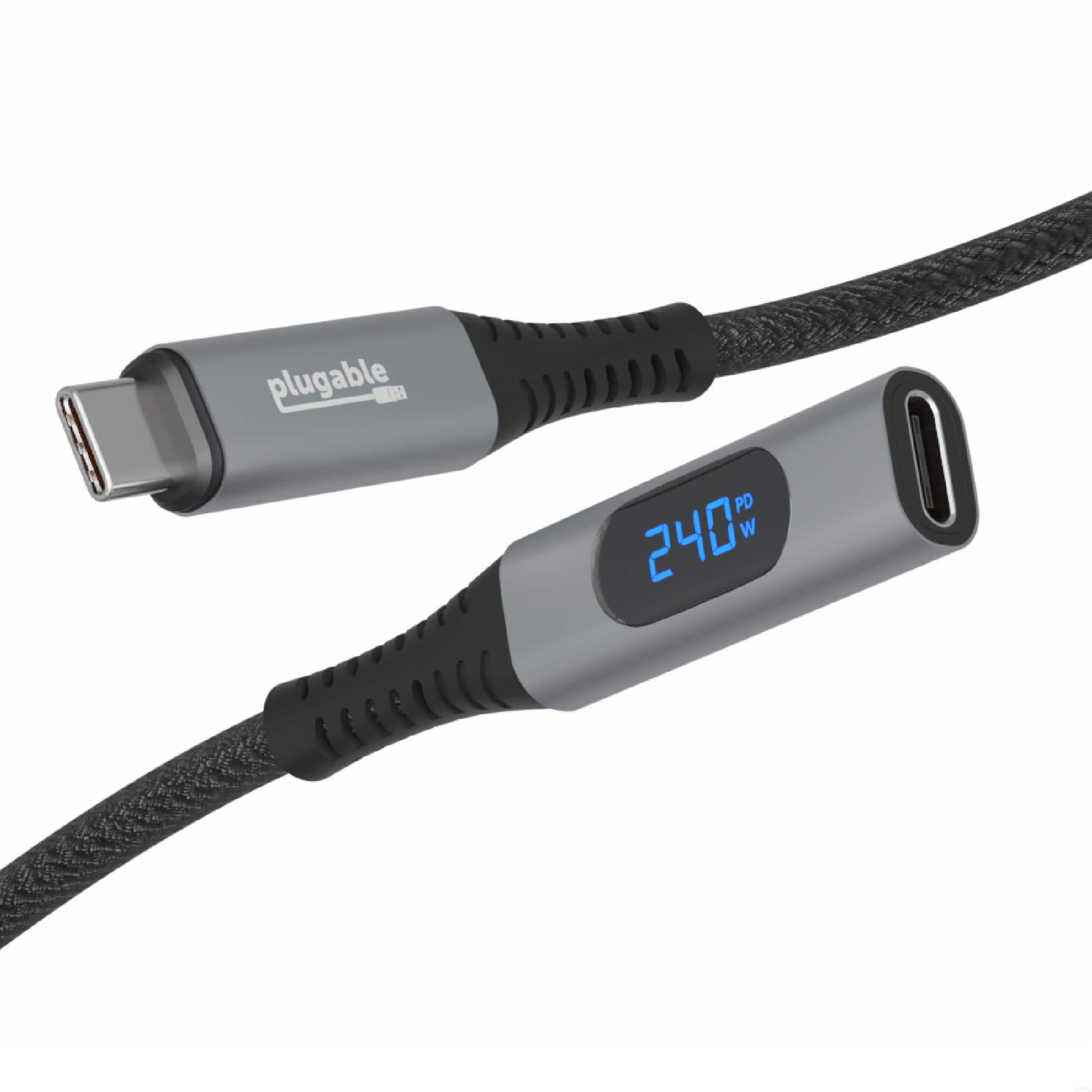Plugable - USB-C Extension Cable 3.3 Ft, Power Meter Tester, Fast Charging up to 240W, 4K 60Hz Display, 10Gbps Data - Black
