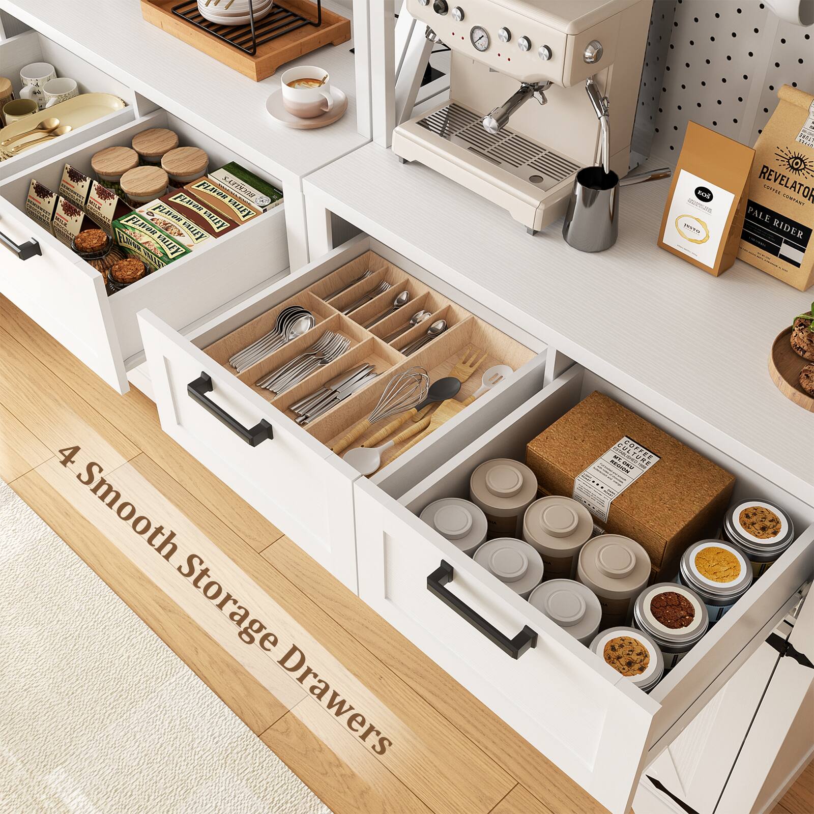 FLAVOR VALLEY FLIVOS SATAR 8 - MIE FilveR FENOR KOELEY - MILE FLAVOR  
RULEY milly fa FRZLEY FREs soI M nn U REVELATOR Cn.. OC PALE RIDER  
4 Smooth Storage Drawers  
COFFEE 1 RIN SU RE