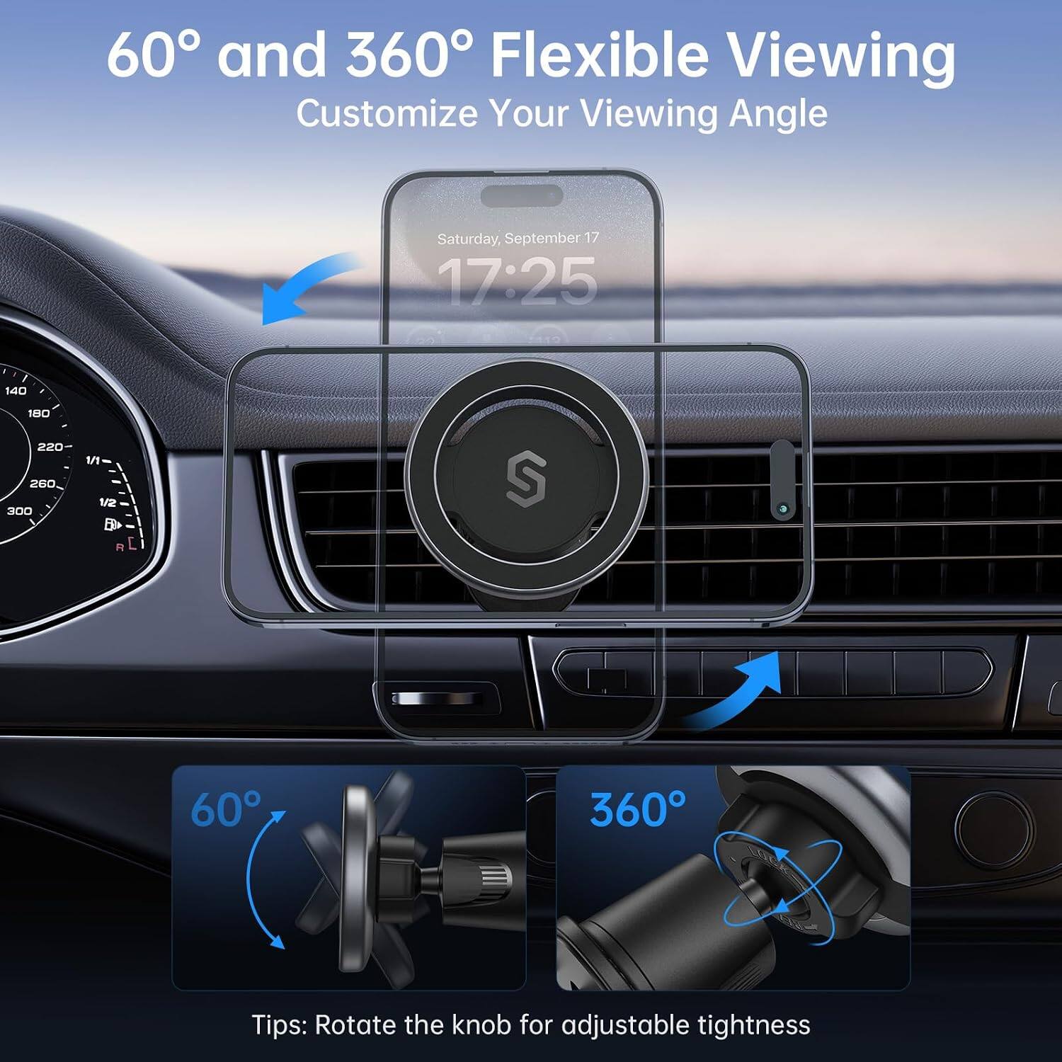 60° and 360° Flexible Viewing  
Customize Your Viewing Angle  

Saturday, September 17 17:25  

140  
180 220 260 300  

1/1 1/2  

$  
60  
360  

Tips: Rotate the knob for adjustable tightness