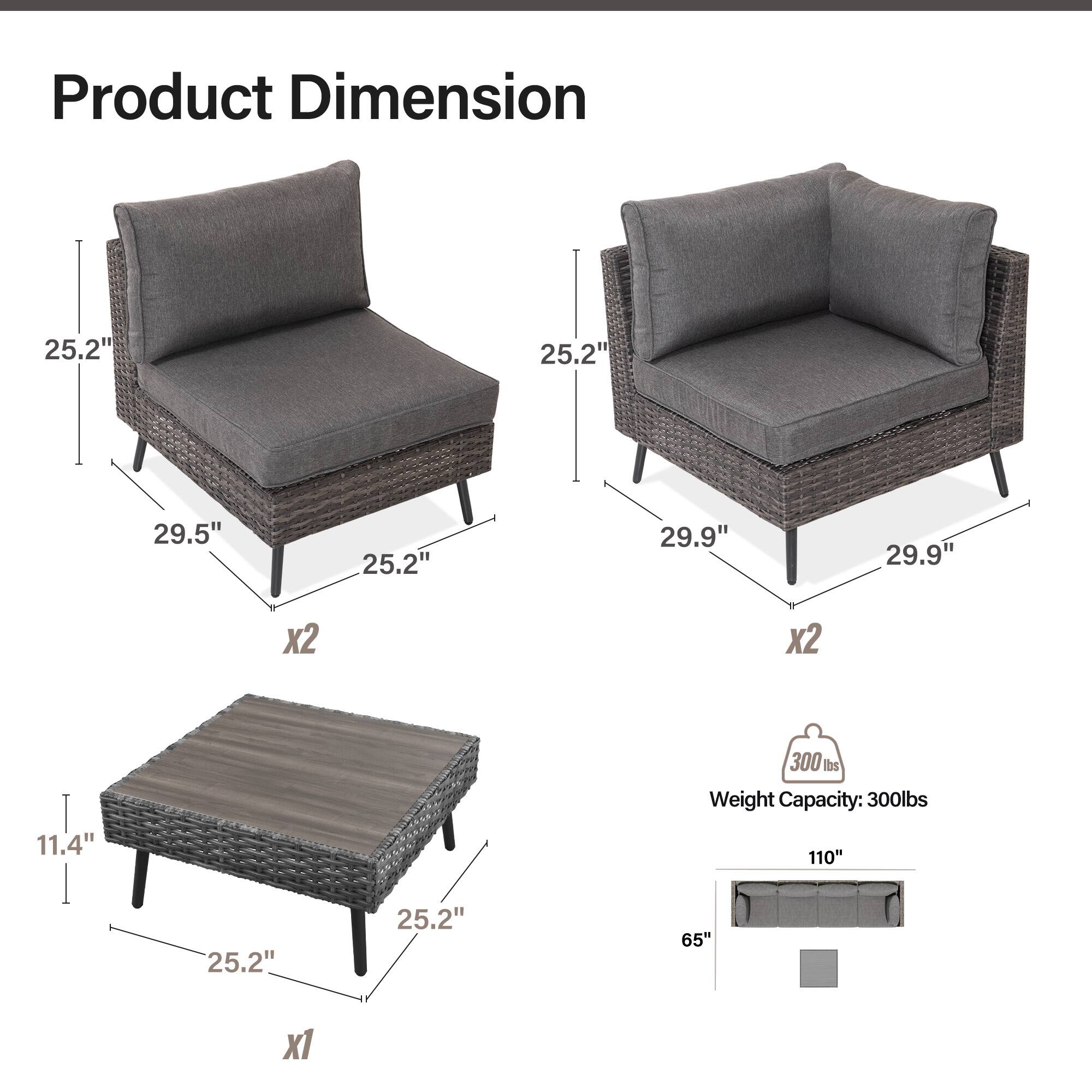 Product Dimension

- 25.2" x 25.2" x 29.5" (x2)
- 25.2" x 25.2" x 29.9" (x2)
- 25.2" x 11.4" x 25.2" (x1)

Weight Capacity: 300 lbs

- 110" x 65"