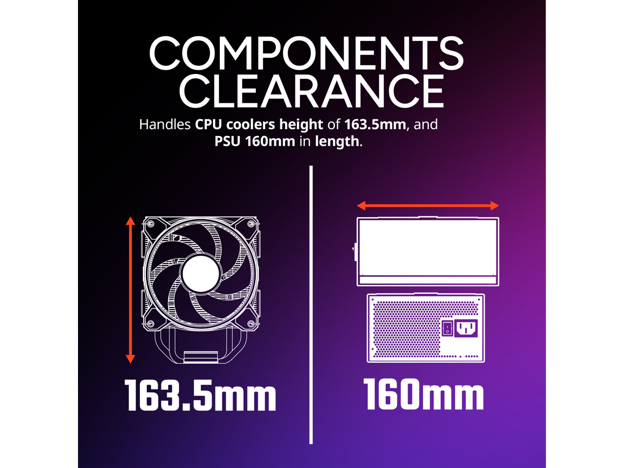 COMPONENTS CLEARANCE

Handles CPU coolers height of 163.5mm, and PSU 160mm in length.

163.5mm

160mm