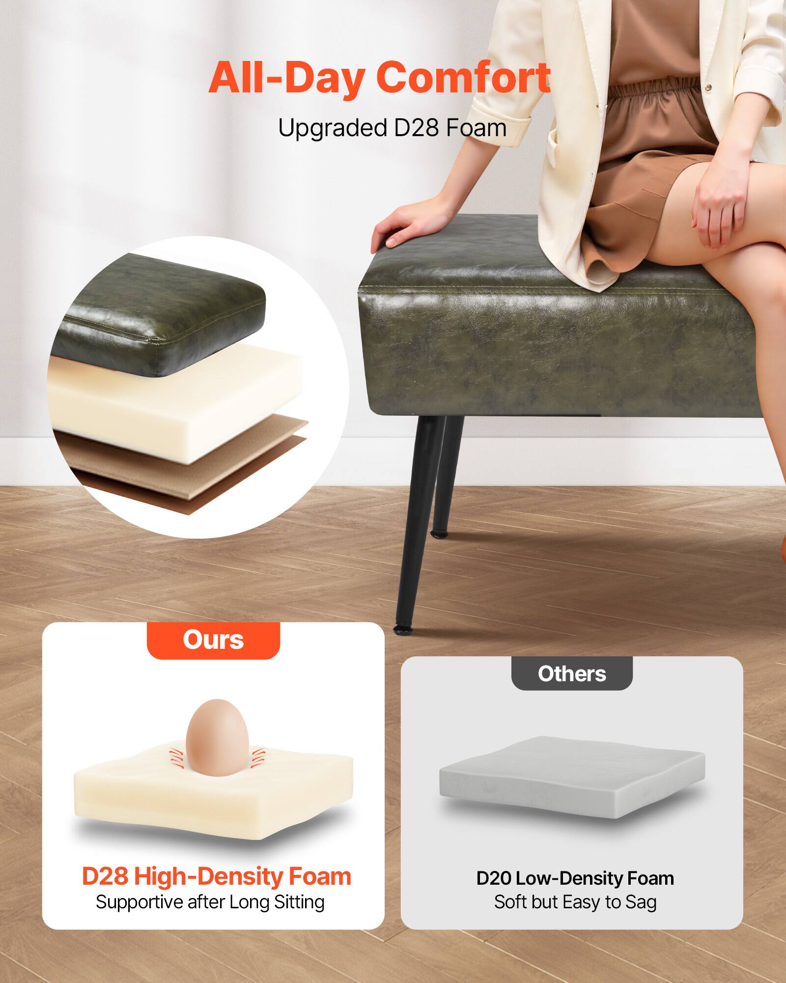 All-Day Comfort  
Upgraded D28 Foam  

Ours  
D28 High-Density Foam  
Supportive after Long Sitting  

Others  
D20 Low-Density Foam  
Soft but Easy to Sag