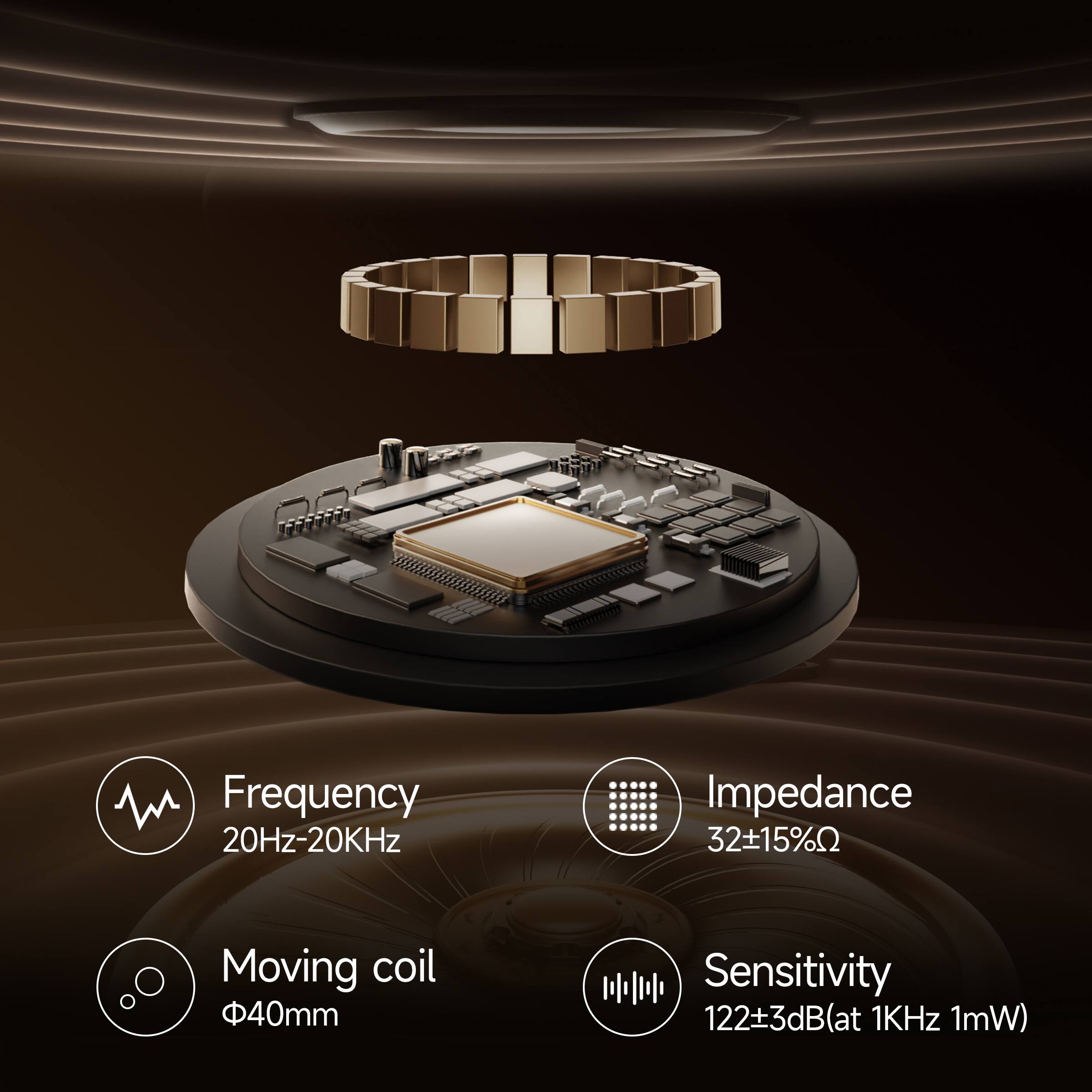 99799  
Frequency: 20Hz-20KHz  
Impedance: 32±15%Ω  
Moving coil: 40mm  
Sensitivity: 122±3dB(at 1KHz 1mW)