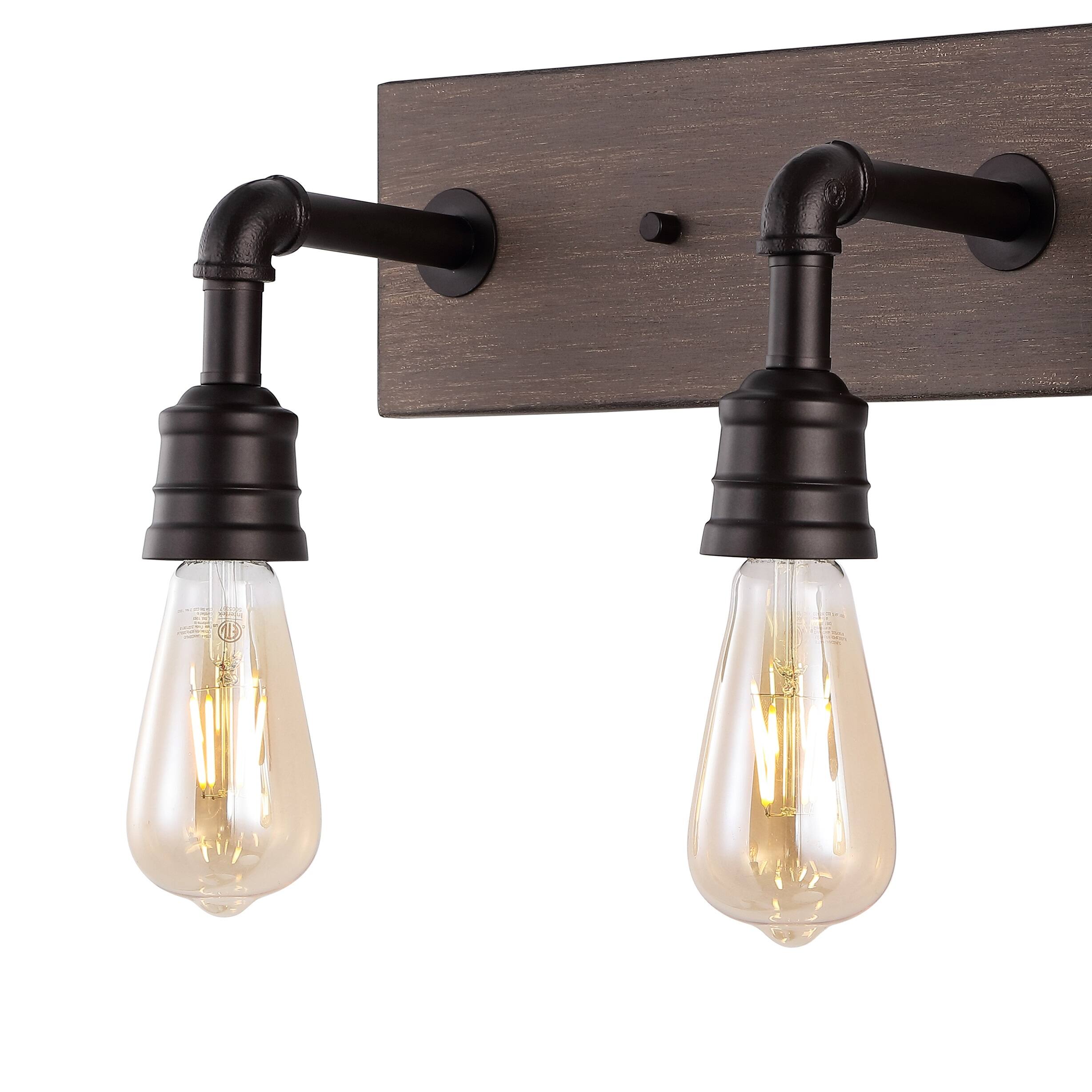 Alt View 4. Jonathan Y - Corbett 22.13" 3-Light Rustic Farmhouse Iron LED Vanity, Oil Rubbed Bronze/Brown Wood Finish - Oil Rubbed Bronze.