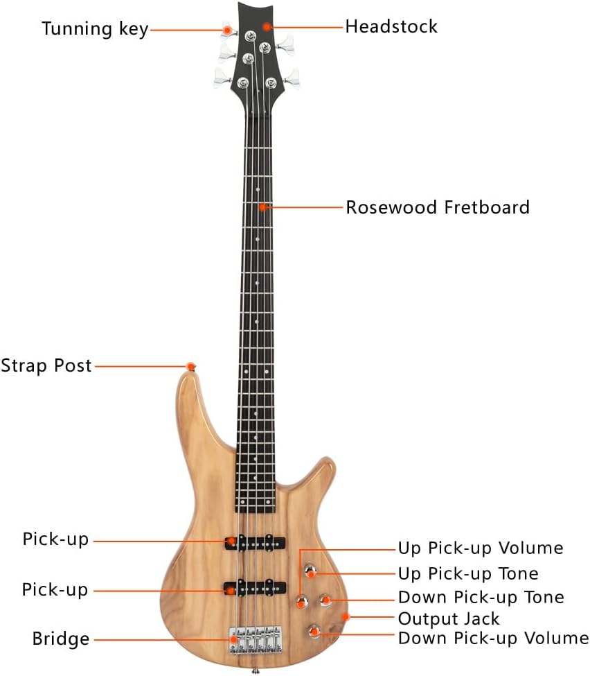 Tuning key  
Headstock  
Rosewood Fretboard  
Strap Post  
Pick-up  
Pick-up  
Bridge  
Up Pick-up Volume  
Up Pick-up Tone  
Down Pick-up Tone  
Output Jack  
Down Pick-up Volume