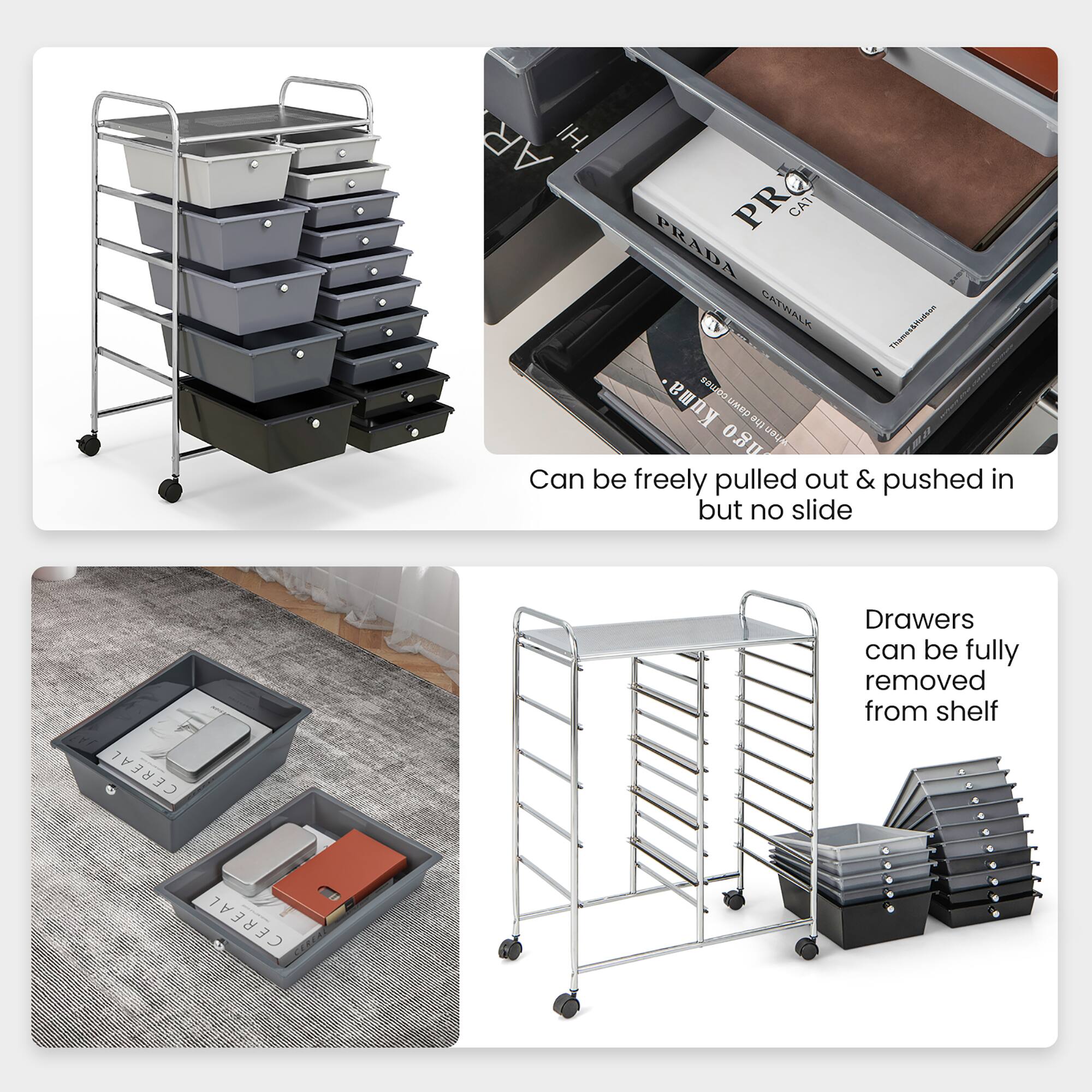 - Can be freely pulled out & pushed in but no slide
- Drawers can be fully removed from shelf