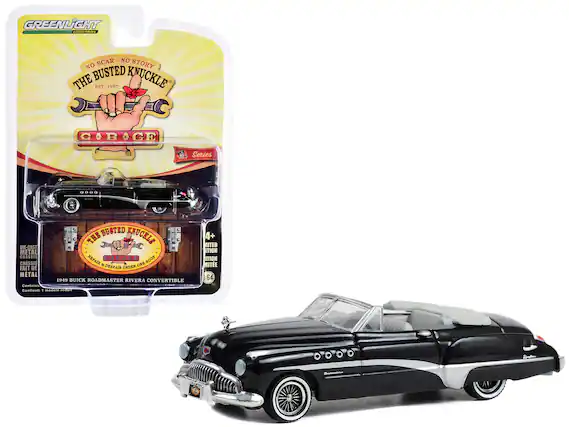 GREENLIGHT Collectibles
NO SCAR - NO STORY
THE BUSTED KNUCKLE
EST. 1957
GARAGE
Series 00Ua
4+
LIMITED EDITION
1:64
DIE-CAST METAL
CHASSIS & ONE PIECE FAIT DE METAL
REPAIR & DESPAIR UNDER ONE ROOF
1949 BUICK ROADMASTER RIVERA CONVERTIBLE
Contains:
- 1 model car