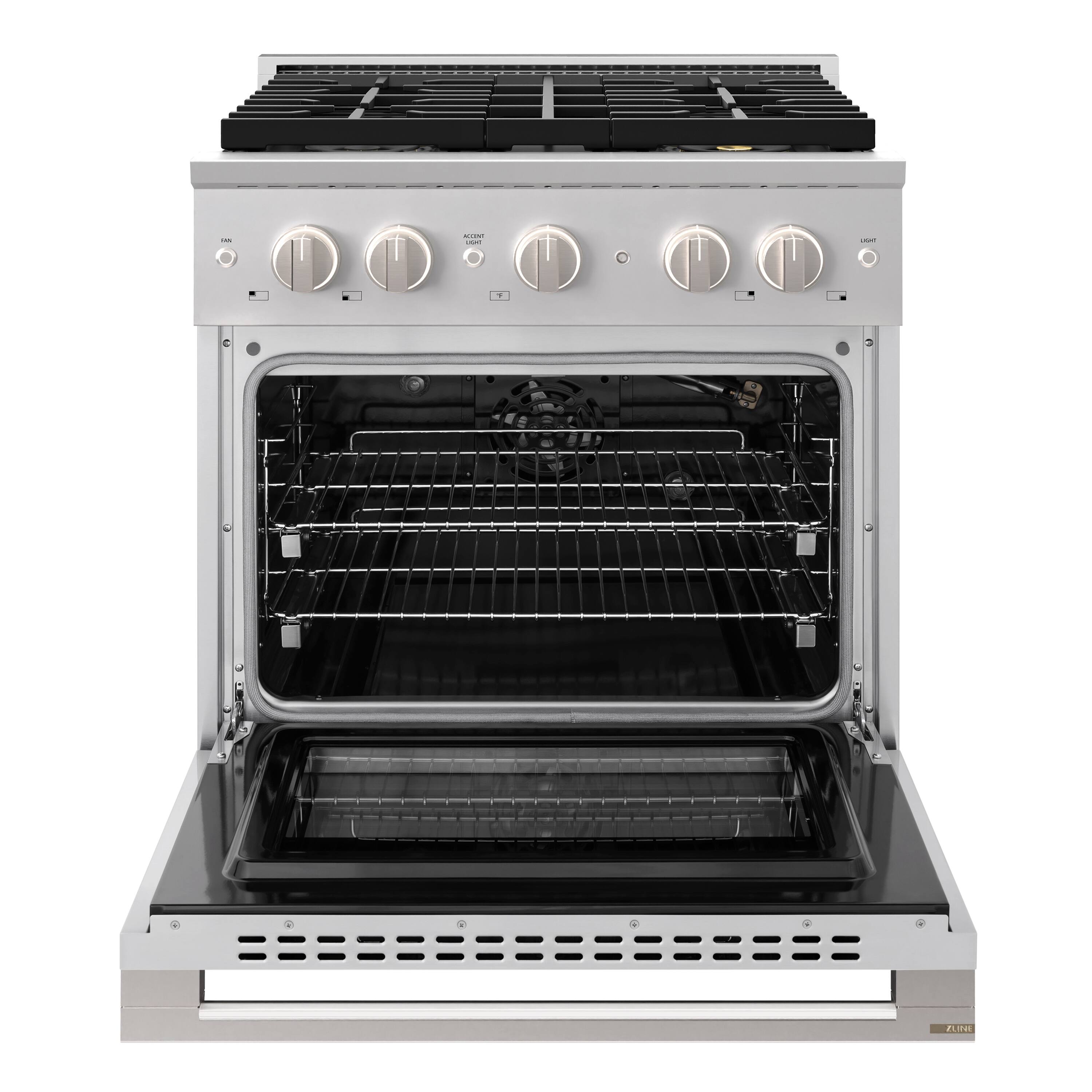 Angle. ZLINE - 30 in. 4.2 cu. ft. Marino Freestanding Manual Clean Gas Range with 4 DuoPro Burners and Convection Gas Oven - Stainless Steel.