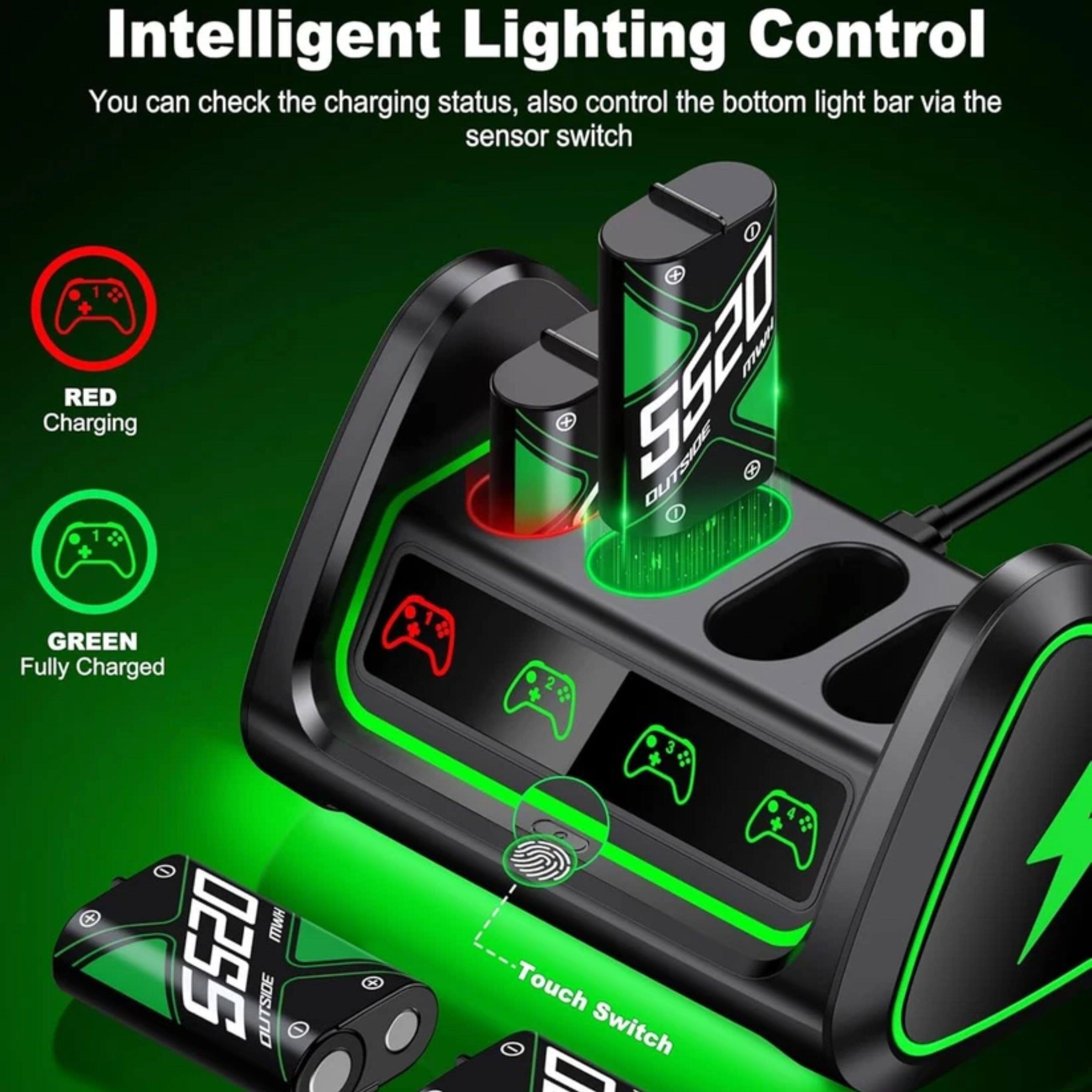 Intelligent Lighting Control  
You can check the charging status, also control the bottom light bar via the sensor switch  

RED  
Charging  

GREEN  
Fully Charged  

Touch Switch