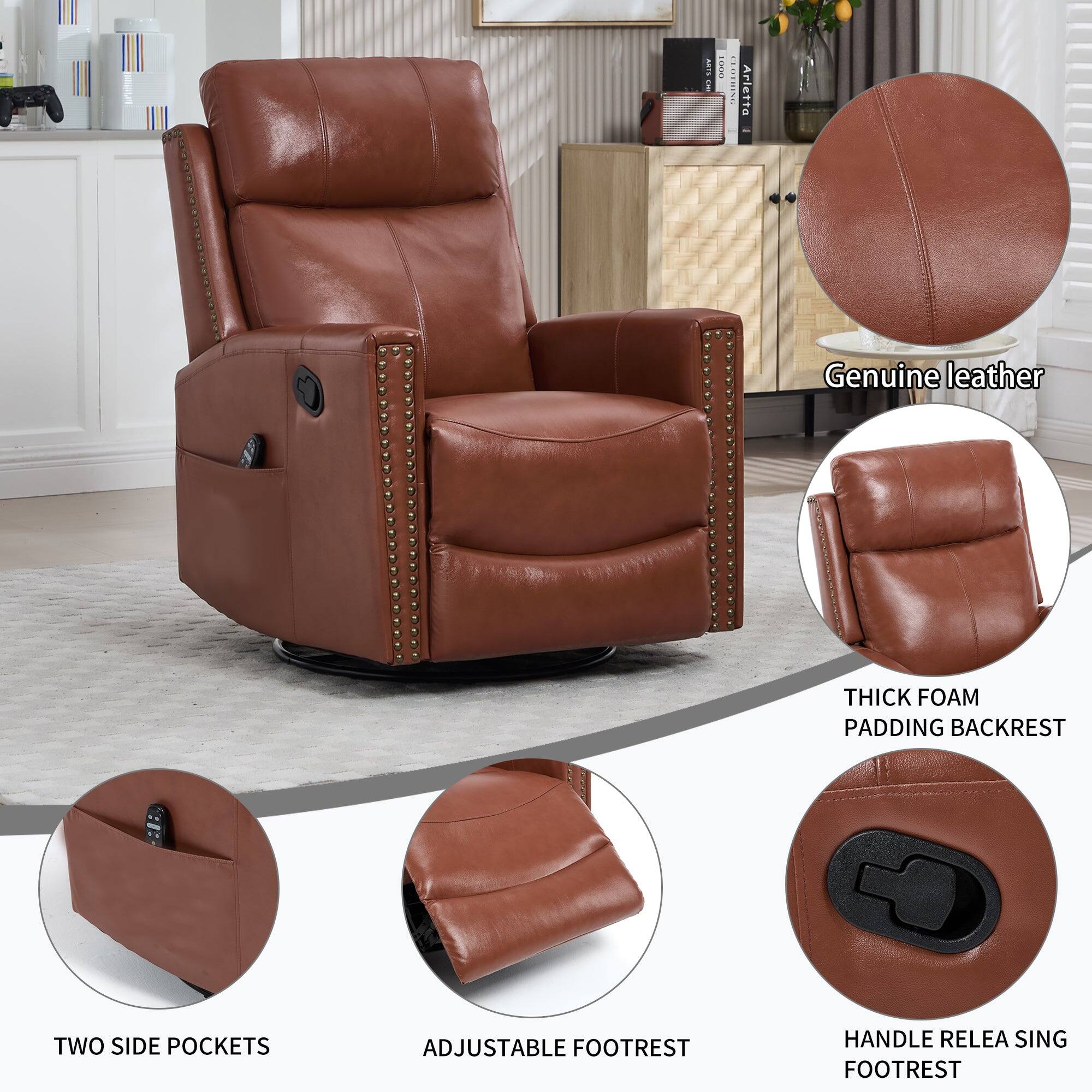- Genuine leather
- Thick foam padding backrest
- Two side pockets
- Adjustable footrest
- Handle release footrest