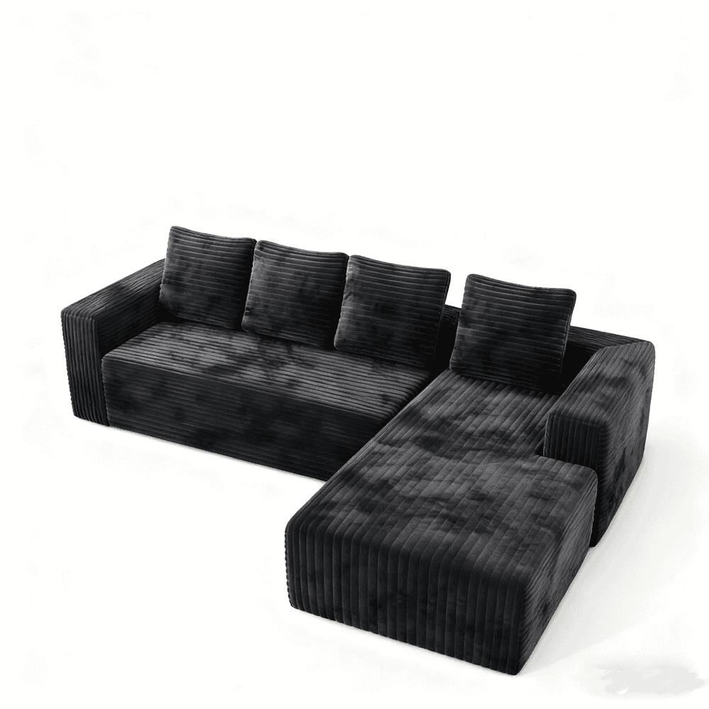 Back. Kadyn - Cloud Sectional Couch, L-Shape Right Chaise, Deep Seat Corduroy, No Assembly - Black.