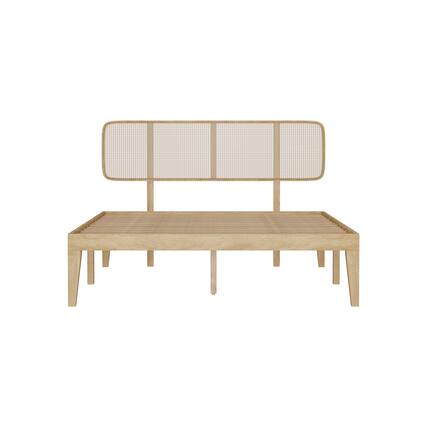 Front. Famapy - Famapy Japandi Solid Wood Bed Frame - Rattan Headboard, Rubber Wood, Sturdy Slat Support - Wooden.