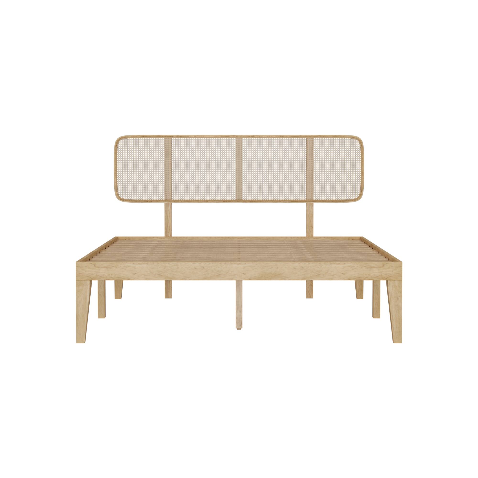 Front. Famapy - Famapy Japandi Solid Wood Bed Frame - Rattan Headboard, Rubber Wood, Sturdy Slat Support - Wooden.