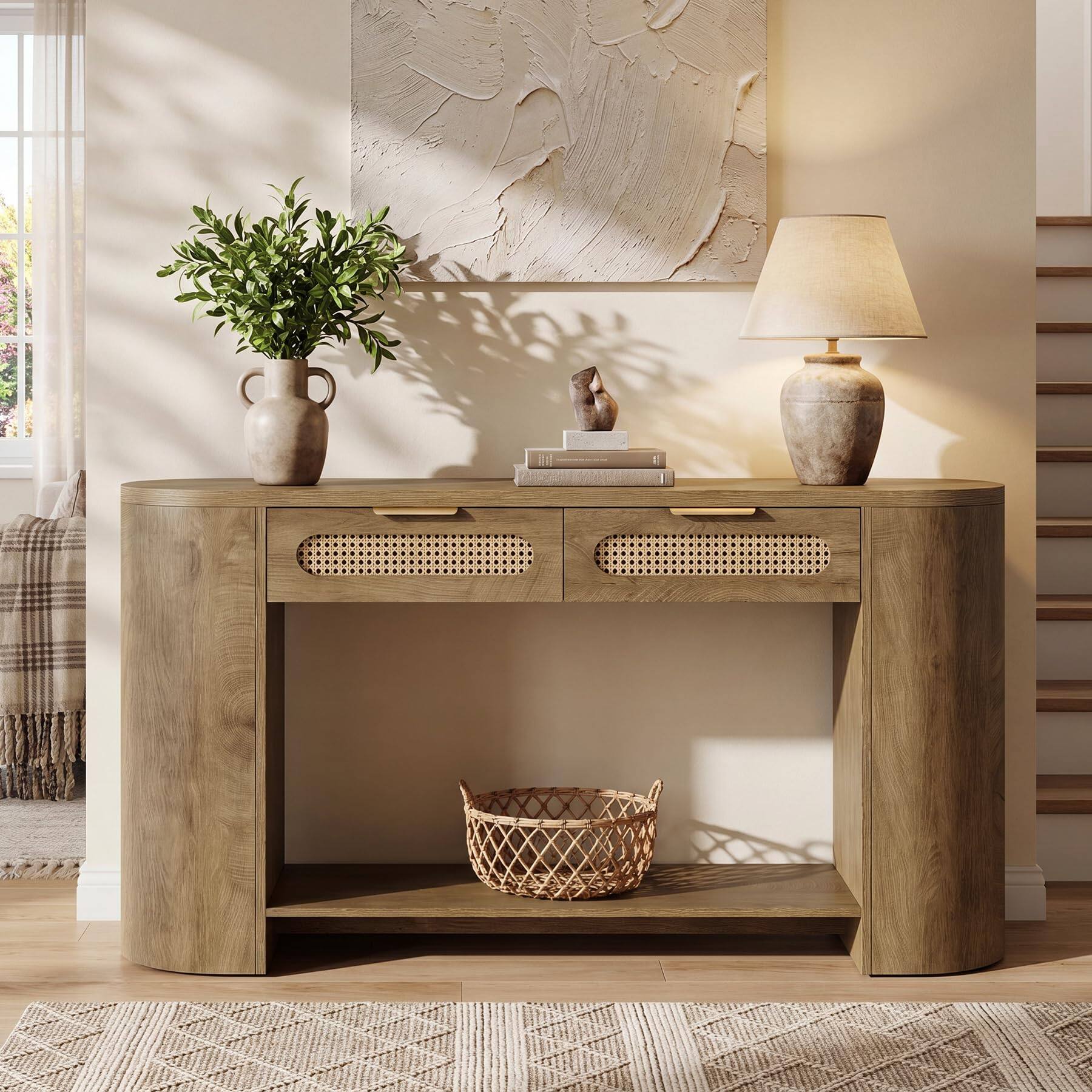 Alt View 3. Tribesigns - 55" Curved Console Table with 2 Rattan Drawers & Open Shelves - Brown.