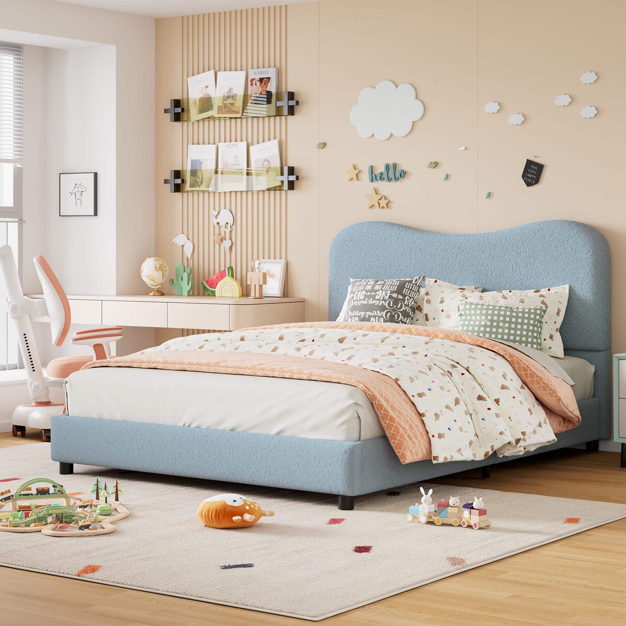 Homhougo - Twin Bed Frame for Kids with Velvet Upholstered Headboard, Cute Low Profile Platform Bed for Girls and Boys - Blue