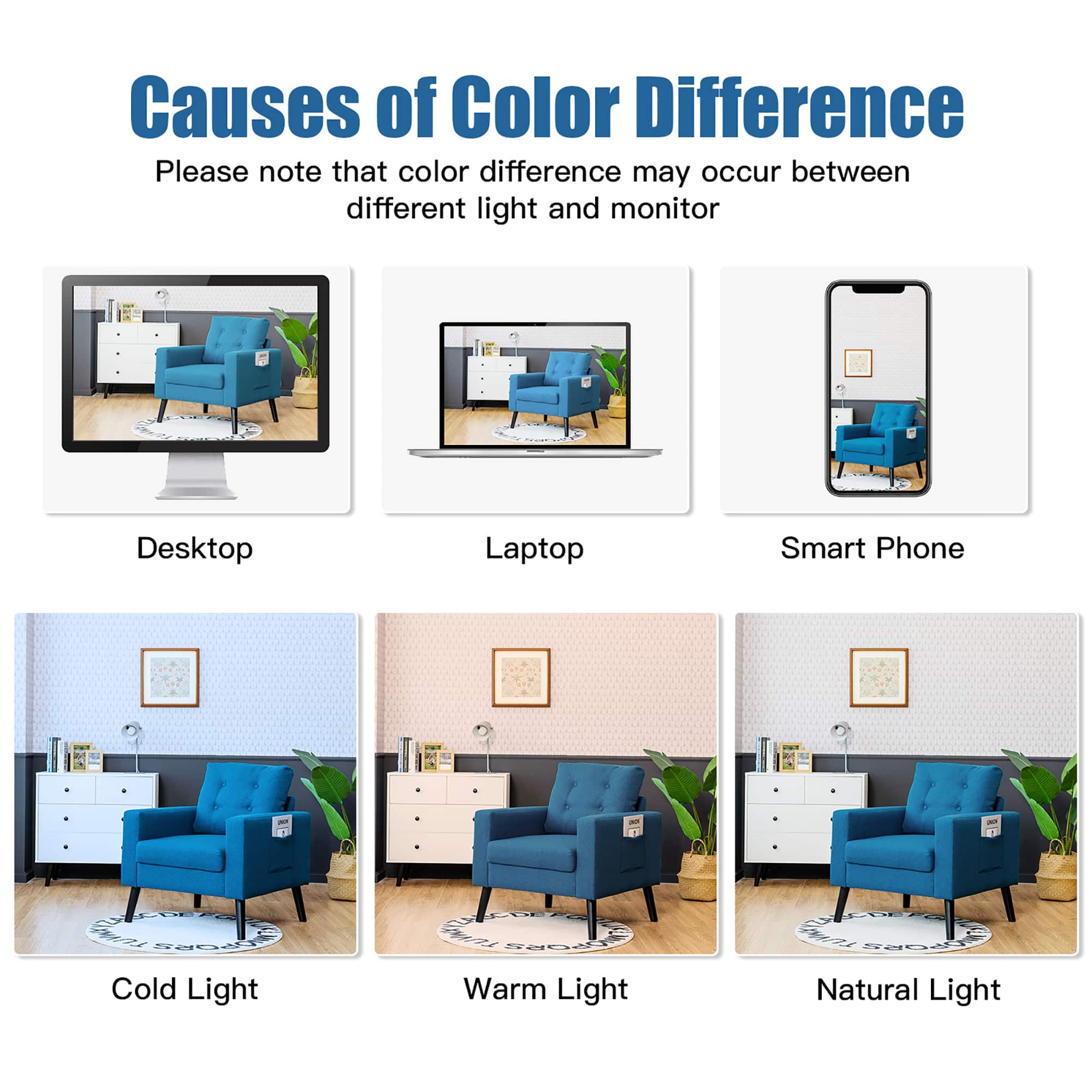 Causes of Color Difference: Please note that color difference may occur between different light and monitor. Desktop, Laptop, Smart Phone - Cold Light, Warm Light, Natural Light.