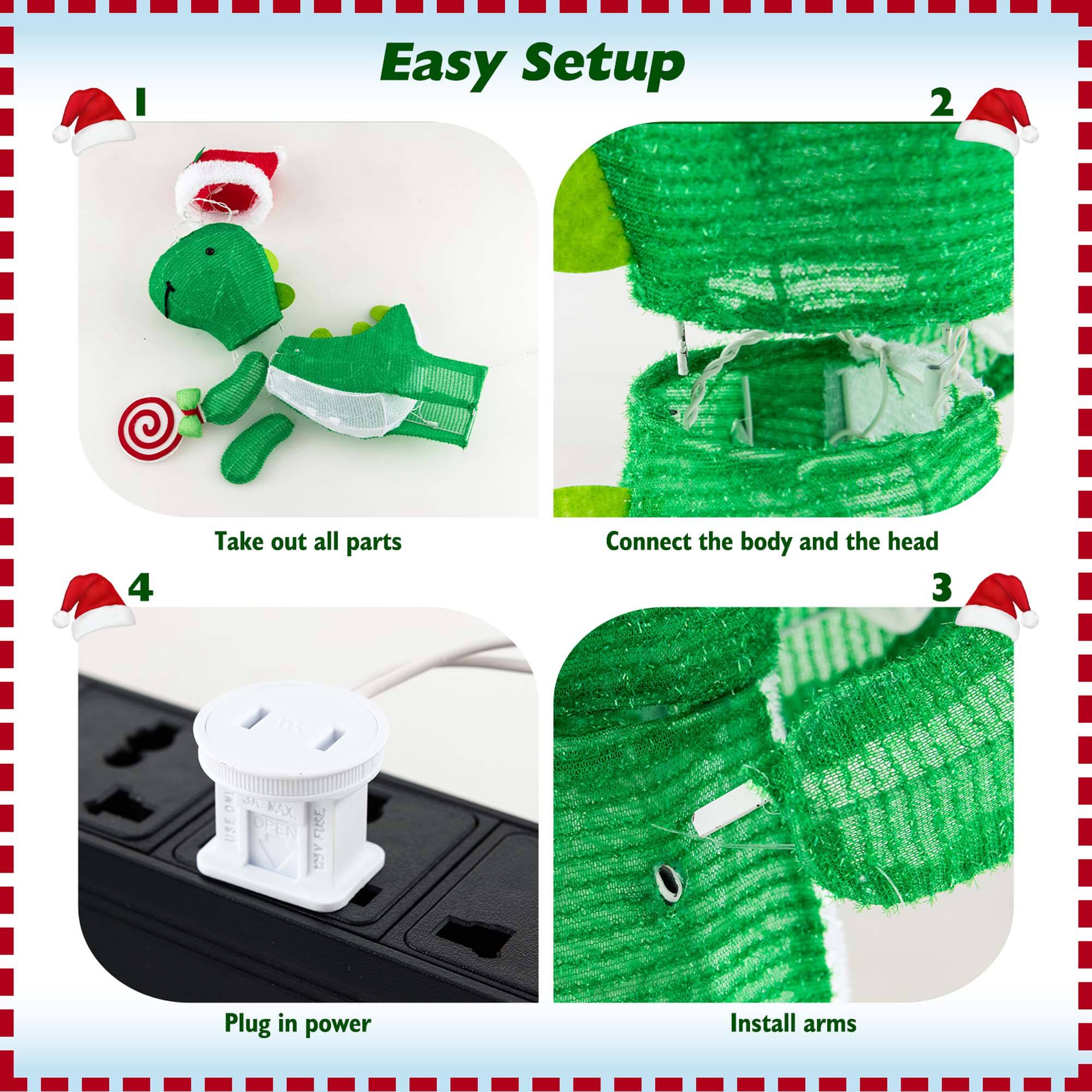 Easy Setup:
1. Take out all parts.
2. Connect the body and the head.
3. Plug in power.
4. Install arms.