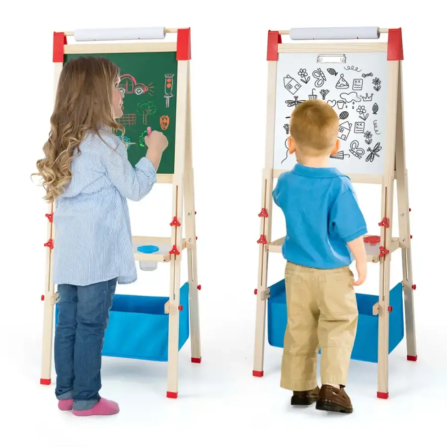 Alt View 19. Costway - 3-in-1 Kids Art Easel Double-Sided Wooden Adjustable Magnetic Drawing Board - Natural/Blue.