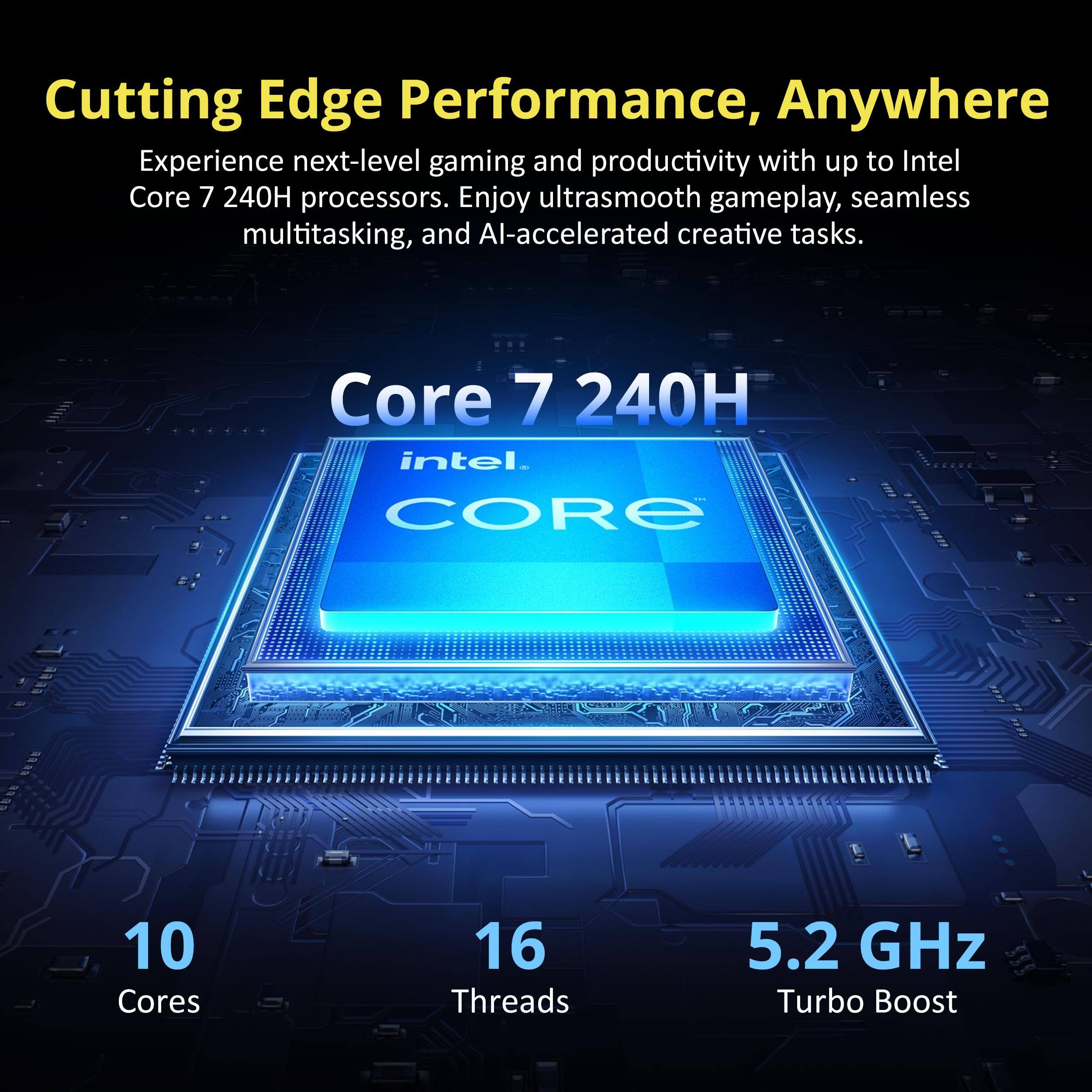 Cutting Edge Performance, Anywhere

Experience next-level gaming and productivity with up to Intel Core 7 240H processors. Enjoy ultrasmooth gameplay, seamless multitasking, and AI-accelerated creative tasks.

Core 7 240H
Intel CORE

10 Cores
16 Threads
5.2 GHz Turbo Boost