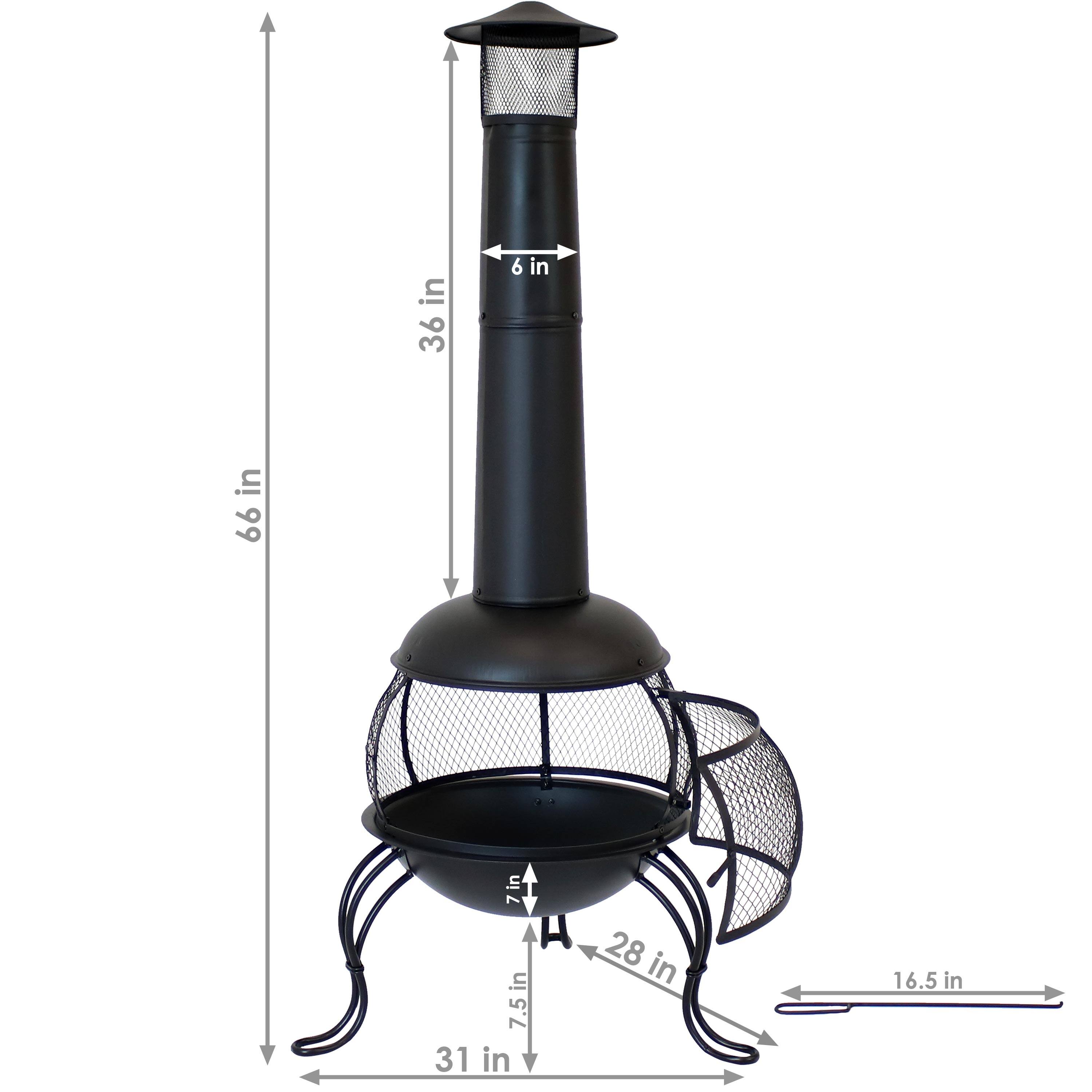 - Height: 66 in
- Diameter of base: 31 in
- Diameter of top: 16.5 in
- Width of base: 28 in
- Height of top section: 7.5 in
- Height of chimney: 36 in
- Width of chimney: 6 in