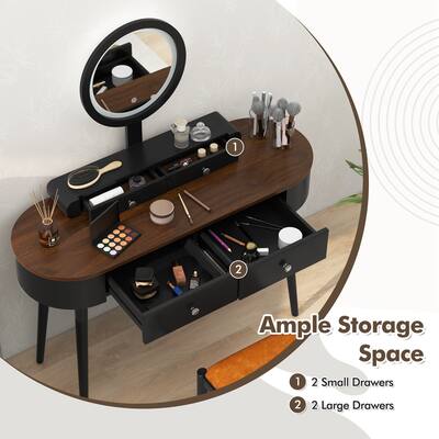 Costway Solid Wood Makeup Vanity Desk Set with LED Lighted Mirror Drawers Cushioned Stool Black + Brown Rubber one_size | HCST00887 Costway Solid Wood Makeup Vanity Desk Set with LED Lighted Mirror Drawers Cushioned Stool Black + Brown Rubber one_size | HCST00887
