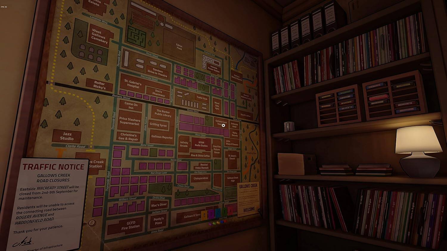 The text on the image is a map of a town with various streets and locations labeled. There is a notice on the map indicating that Eastside Macready Street will be closed from 2nd to 9th September for maintenance. Additionally, Willow Street and Dirty Drive will be inaccessible, and residents between the connecting roads of Jedkins Avenue and Sens Rogers Gallows Road will not be able to access Mac's Diner. The map also includes a bookshelf with books and a lamp.