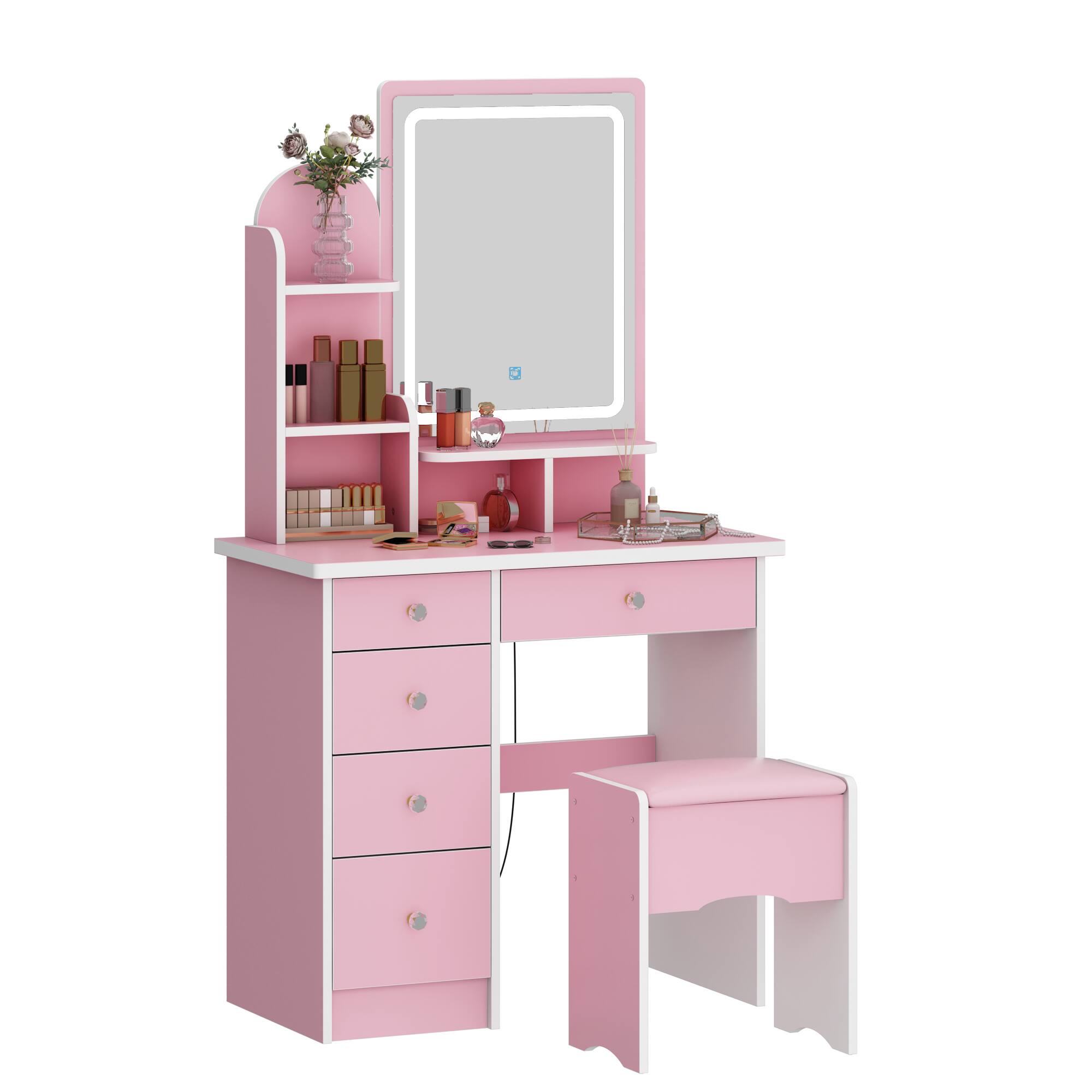 Famapy - Vanity Table with LED Mirror Storage Dresser Drawers & Stool – Makeup Organizer for Bedroom - Pink