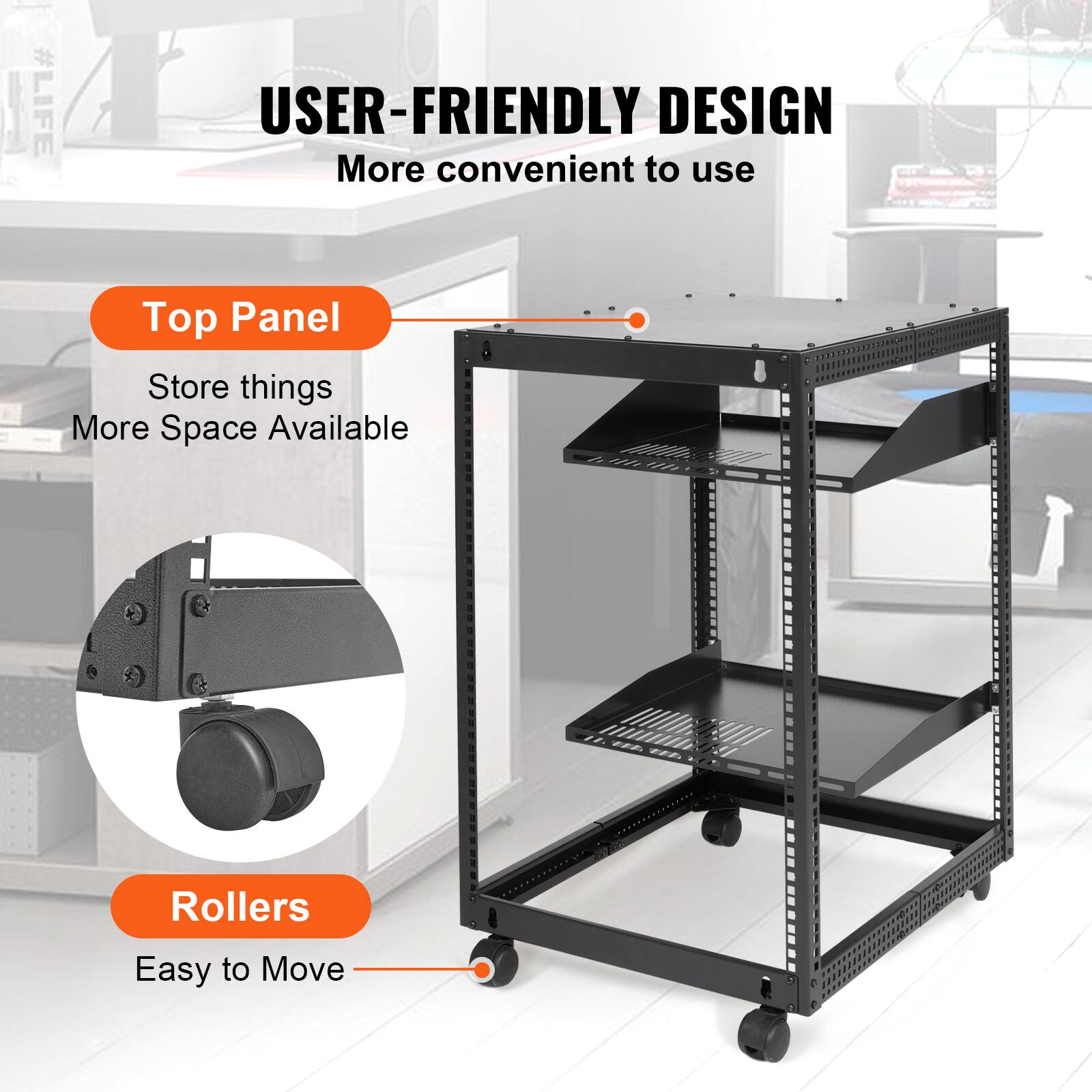 #LIFE USER-FRIENDLY DESIGN  
More convenient to use  

Top Panel  
Store things  
More Space Available  

Rollers  
Easy to Move