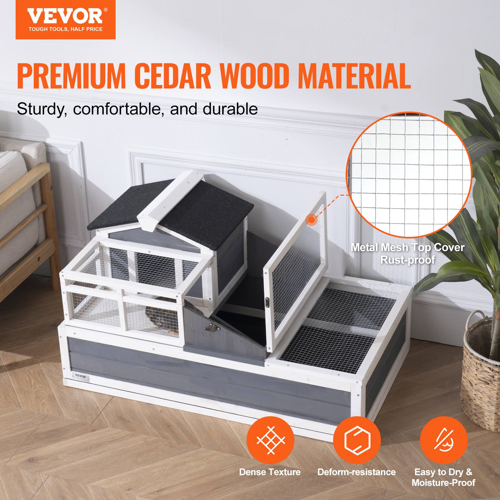 VEVOR  
TOUGH TOOLS, HALF PRICE  

PREMIUM CEDAR WOOD MATERIAL  
Sturdy, comfortable, and durable  

Metal Mesh Top Cover  
Rust-proof  

Dense Texture  
Deform-resistance  
Easy to Dry & Moisture-Proof