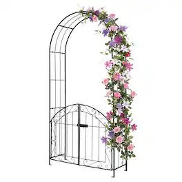 Gymax - Garden Arch w/ Gate 79'' Heavy-Duty Metal Arbor Trellis w/ Safety Latch - Black