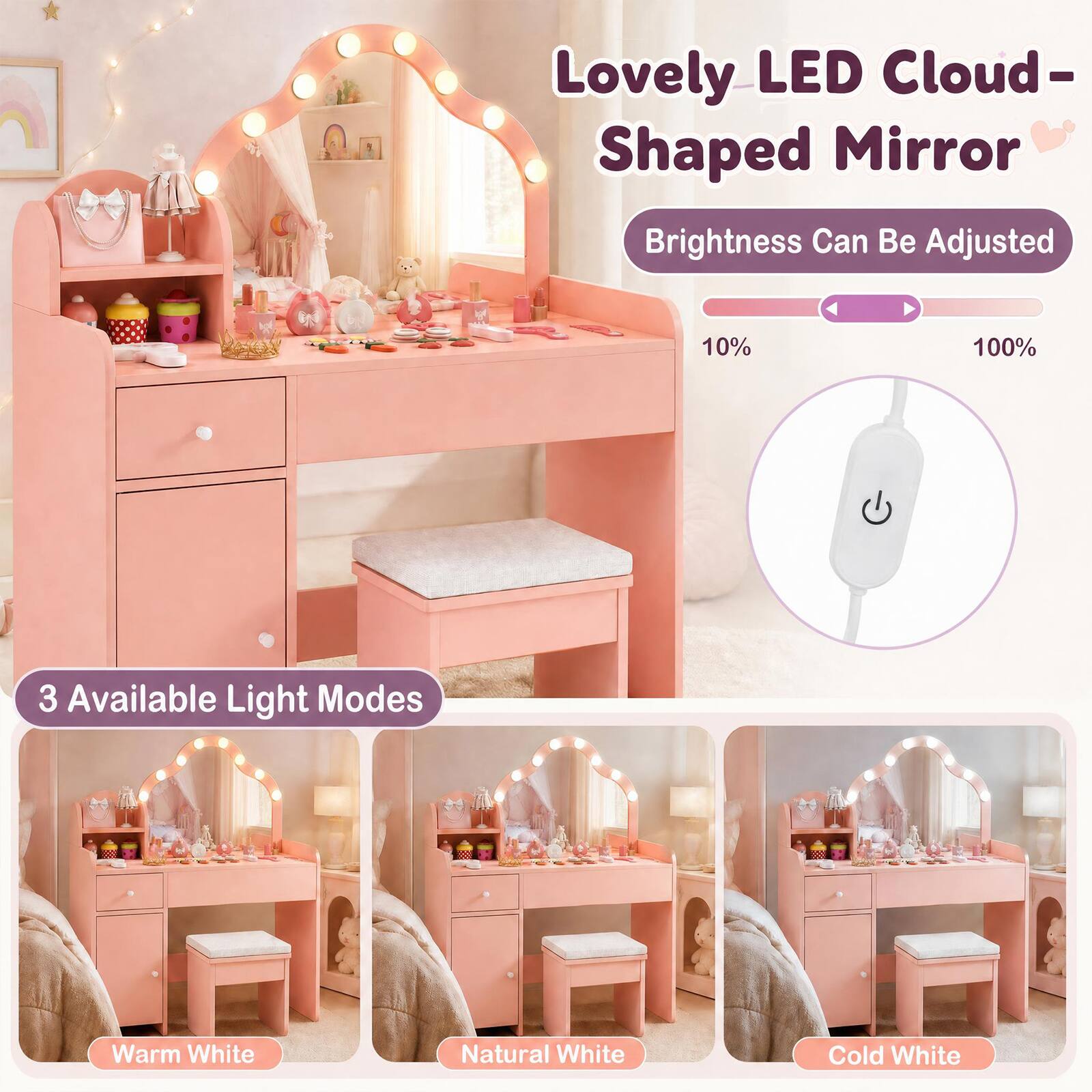 Lovely LED Cloud-Shaped Mirror  
Brightness Can Be Adjusted  
10% - 100%  
3 Available Light Modes  
Warm White  
Natural White  
Cold White