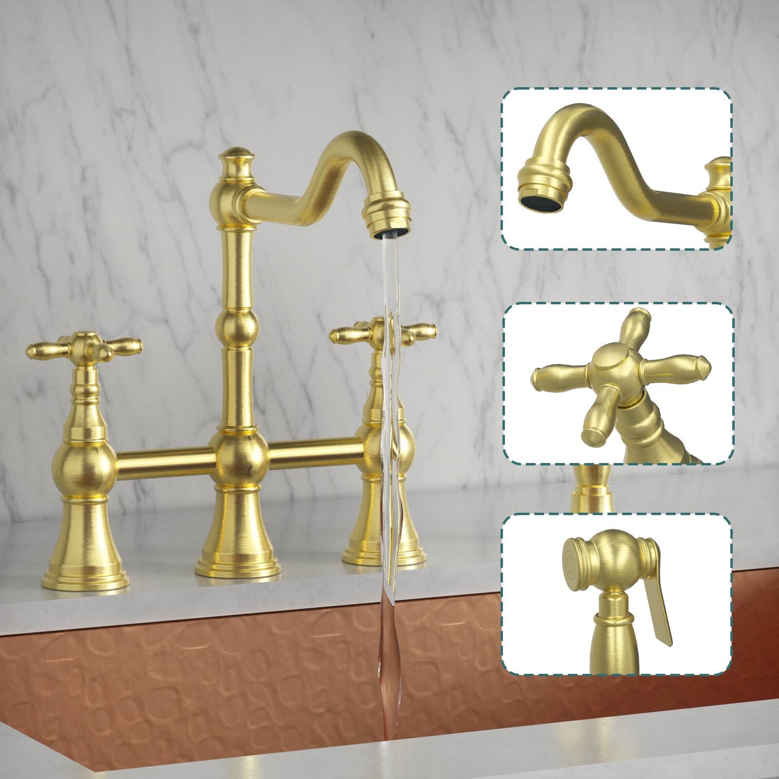 Alt View 2. Akicon - Akicon Bridge Solid Brass Kitchen Faucets with Side Sprayer 2 Cross Handles in Brushed Gold - Brushed Gold.