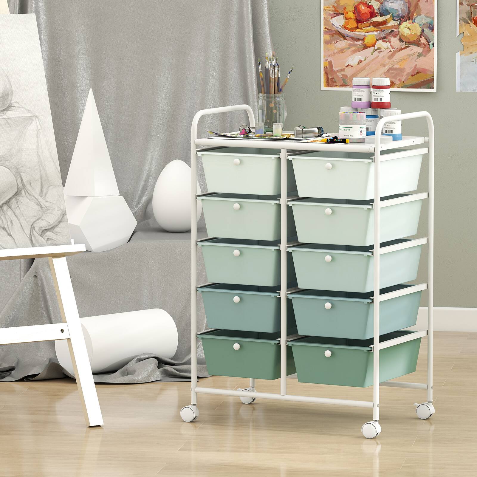 Alt View 3. Costway - Costway 10-Drawer Art & Craft Storage Cart Utility Rolling Trolley Kitchen Office Organizer - Gradient Green.