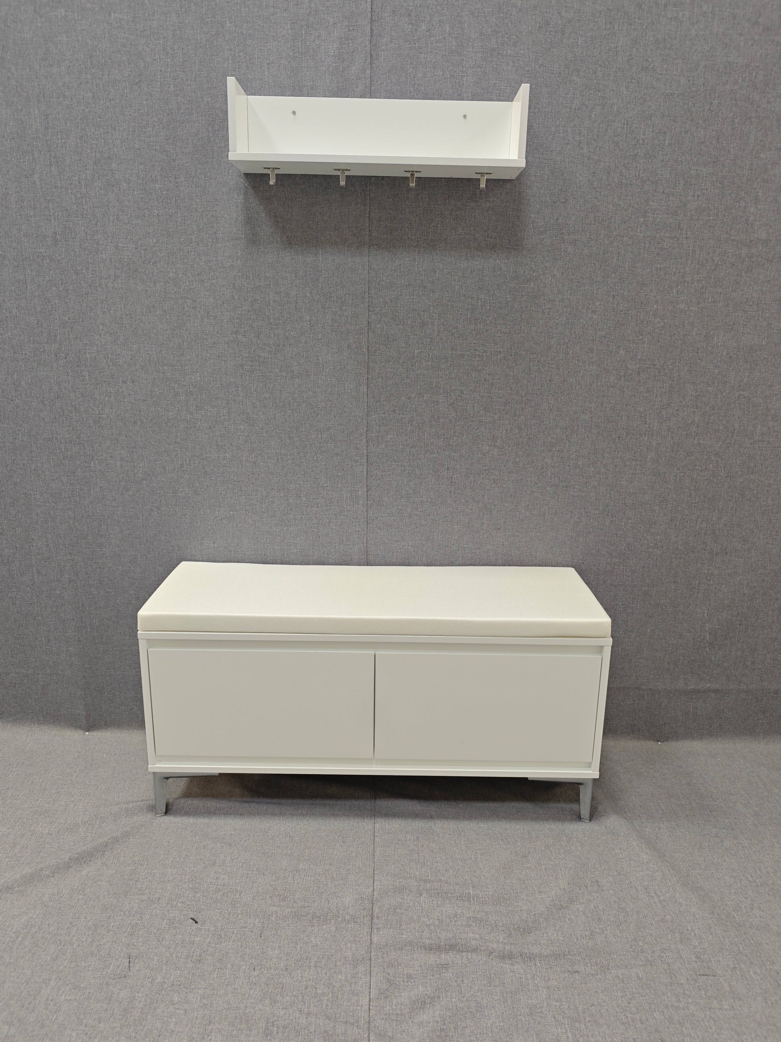 Angle. Ropilly - Ropilly Entryway Storage Bench with Wall-Mounted Shelf & Coat Hooks, White Shoe Cabinet with Padded Cushion - White.