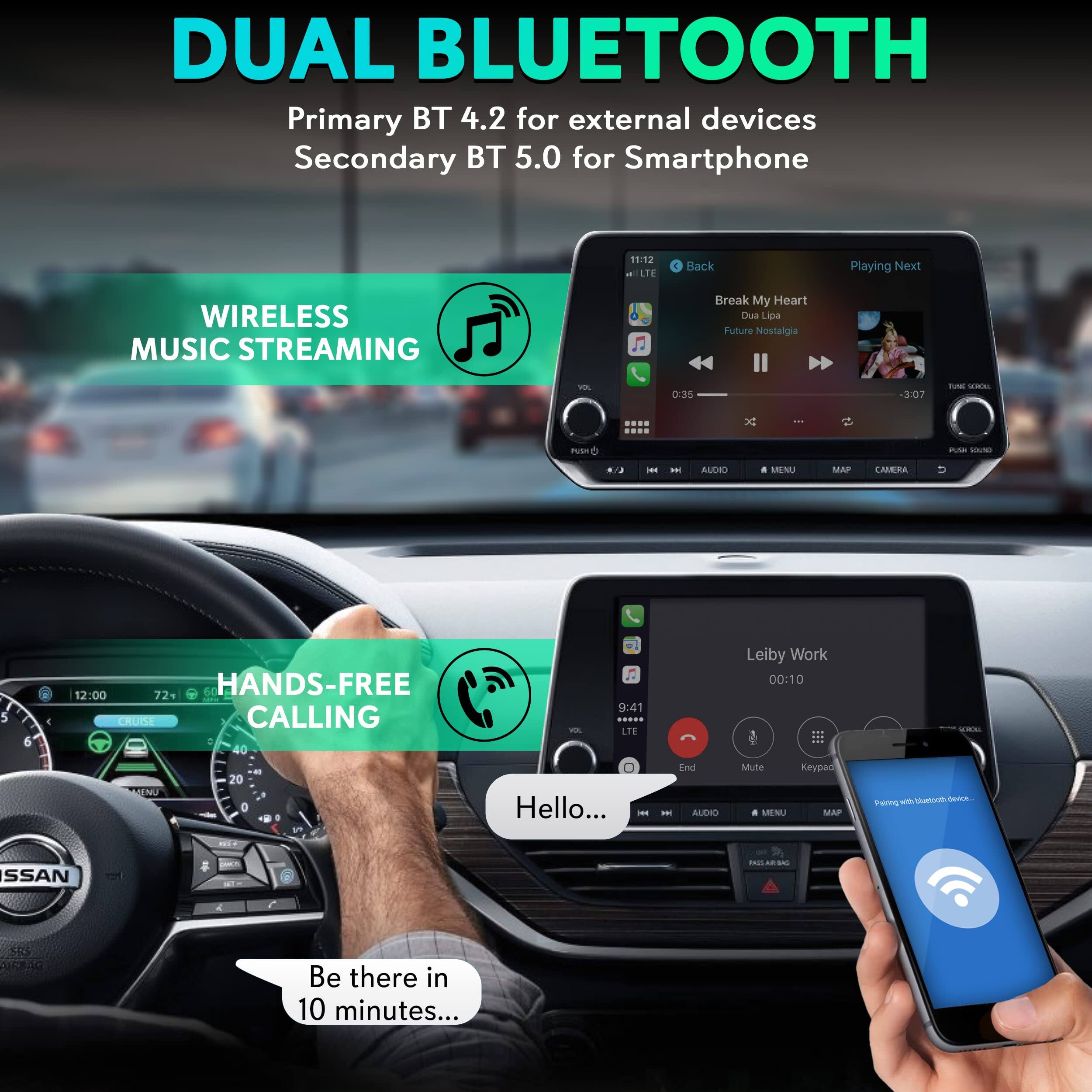 DUAL BLUETOOTH  
Primary BT 4.2 for external devices  
Secondary BT 5.0 for Smartphone  

WIRELESS MUSIC STREAMING  
Break My Heart  
Dua Lipa  
Future Nostalgia  
0:35 - 3:07  

HANDS-FREE CALLING  
Hello...  
Be there in 10 minutes...  

Leiby Work  
00:10  

Mute  
Keypad  
MENU  
MAP  
CAMERA  

ISSAN