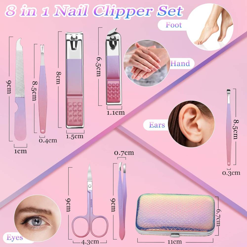 8 in 1 Nail Clipper Set

Foot
- 8cm
- 8.5cm
- 9cm
- 1.5cm
- 0.4cm
- 1cm
- 6.5cm
- 1.1cm
- 0.7cm

Hand
- 8.5cm
- 0.3cm

Ears
- 8.5cm
- 0.3cm

Eyes
- 9cm
- 4.3cm
- 9cm
- 11cm
- 6.7cm