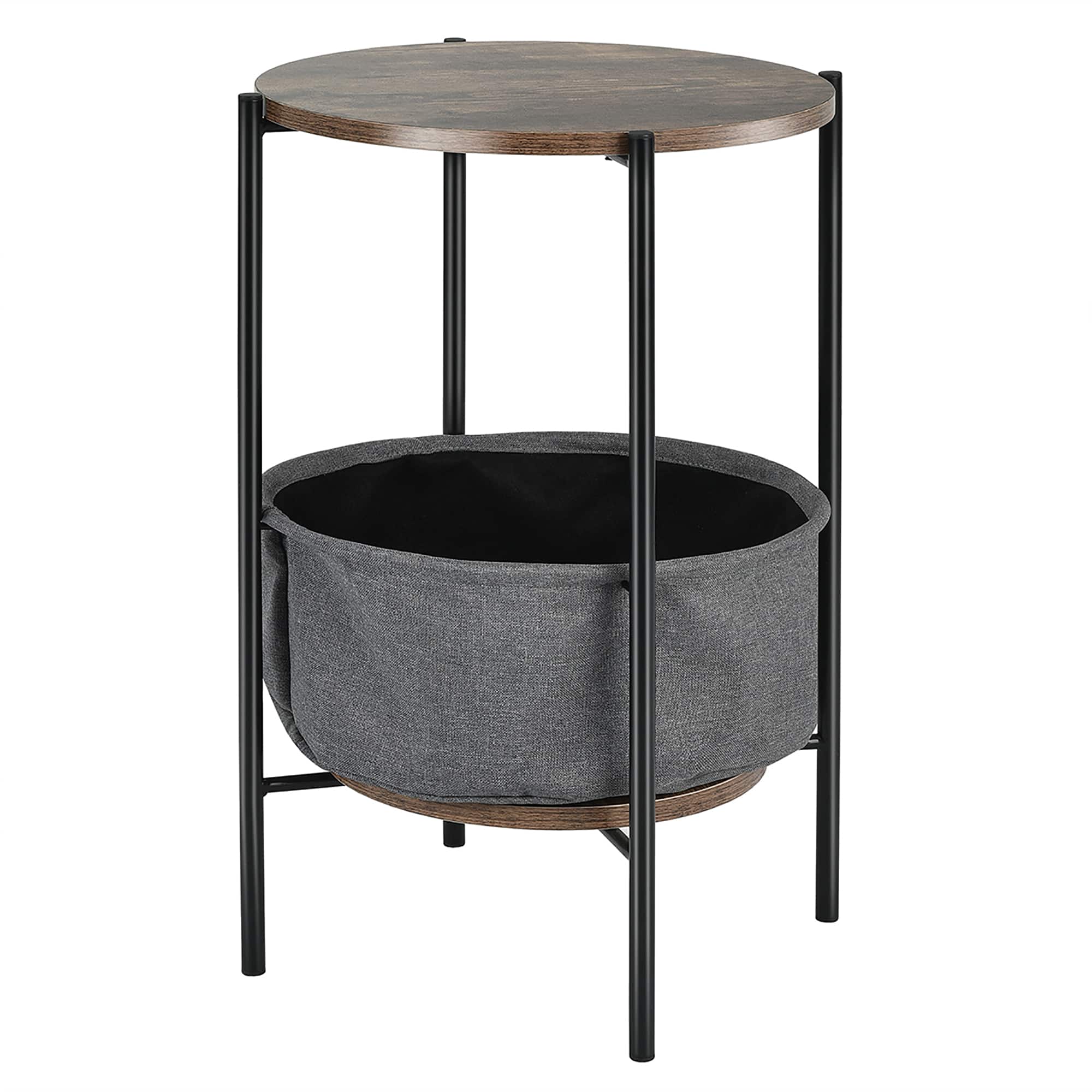 Front. Costway - Industrial Round End Side Table Sofa Coffee Table w/ Storage Basket & Metal Frame - Grey,Brown.