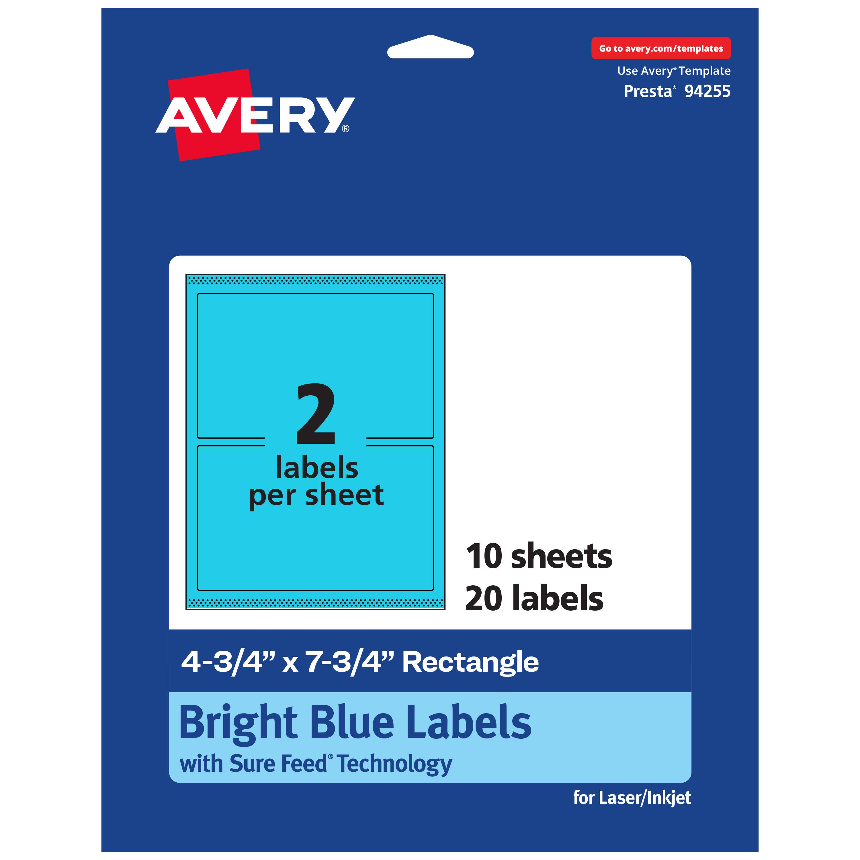 Go to avery.com/templates  
AVERY  
Use Avery Template Presta* 94255  
2 labels per sheet  
10 sheets 20 labels  
4-3/4" x 7-3/4" Rectangle  
Bright Blue Labels with Sure Feed Technology for Laser/Inkjet