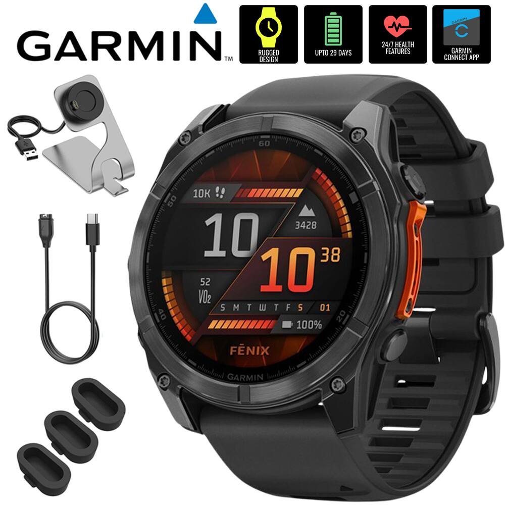 GARMIN™  
RUGGED DESIGN  
UPTO 29 DAYS  
24/7 HEALTH FEATURES  
GARMIN CONNECT APP  

10K  
3428  
10  
38  
52  
VO2  
SMTWTFS  
01  
100%  

FÉNIX  
GARMIN
