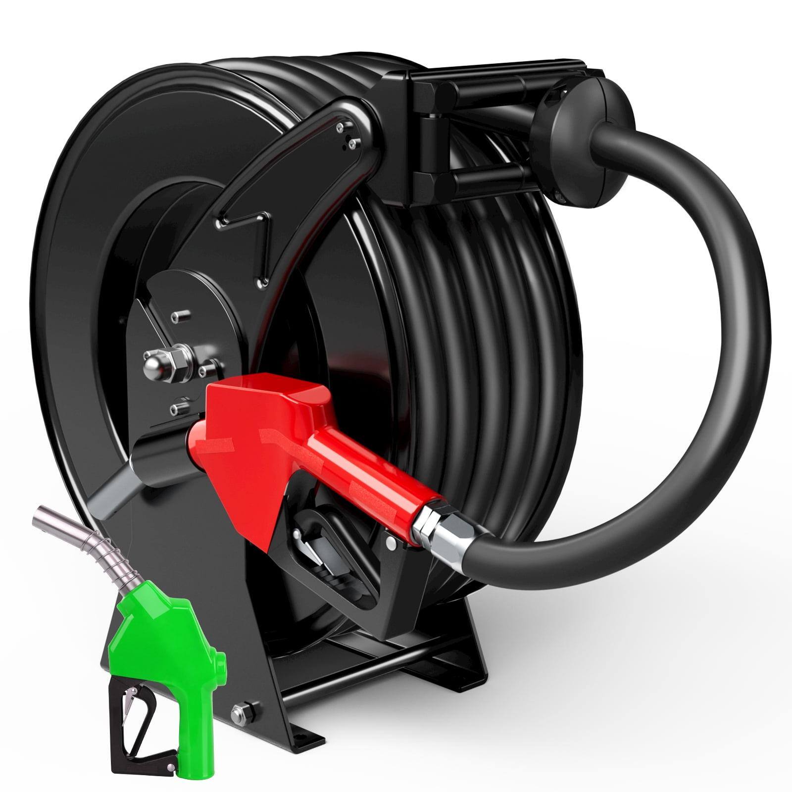 Front. Mirfee - 3/4" x 50' Fuel Hose Reel Retractable Dual Arm, Adjustable, All-weather Auto Rewind, Heavy Duty Steel - Black.