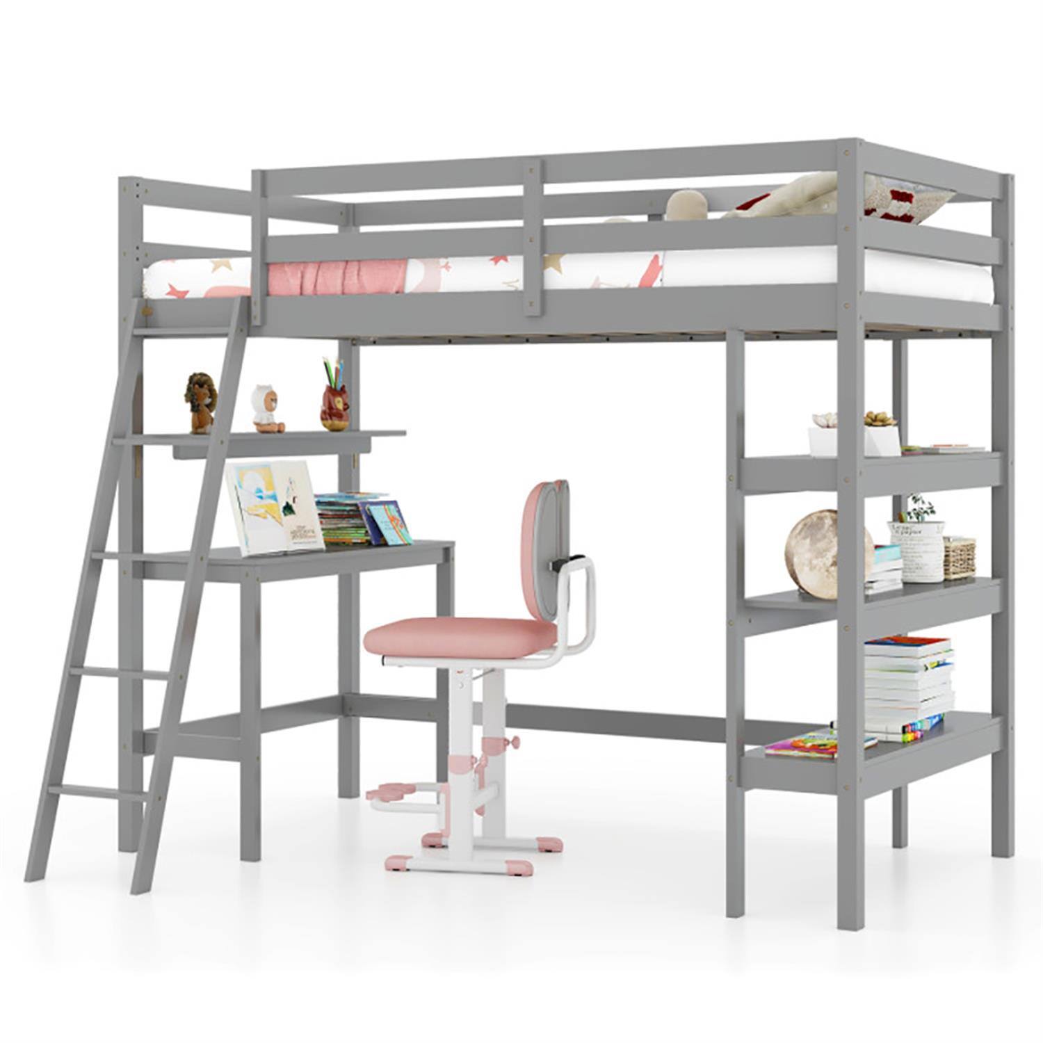 Alt View 8. Pefilos - Loft Bed Twin Size, Solid Wood Loft Bed with Desk and Bookshelves, Modern Wooden Bed Frame for Teens, Gray - Gray.
